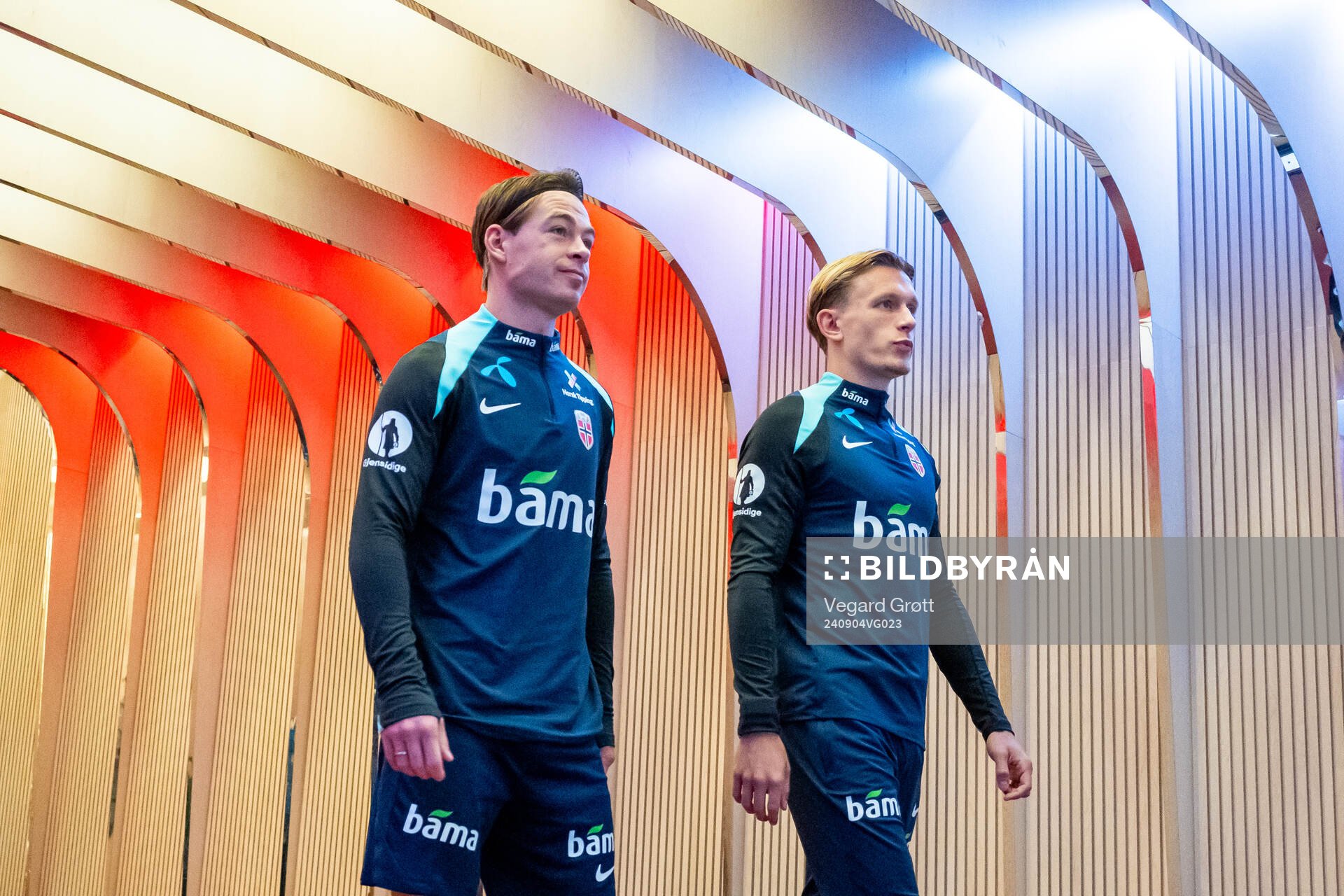 Patrick Berg and Marcus Holmgren Pedersen of the Norwegian national football team ahead of a training session on September 4, 2024 in Oslo. 