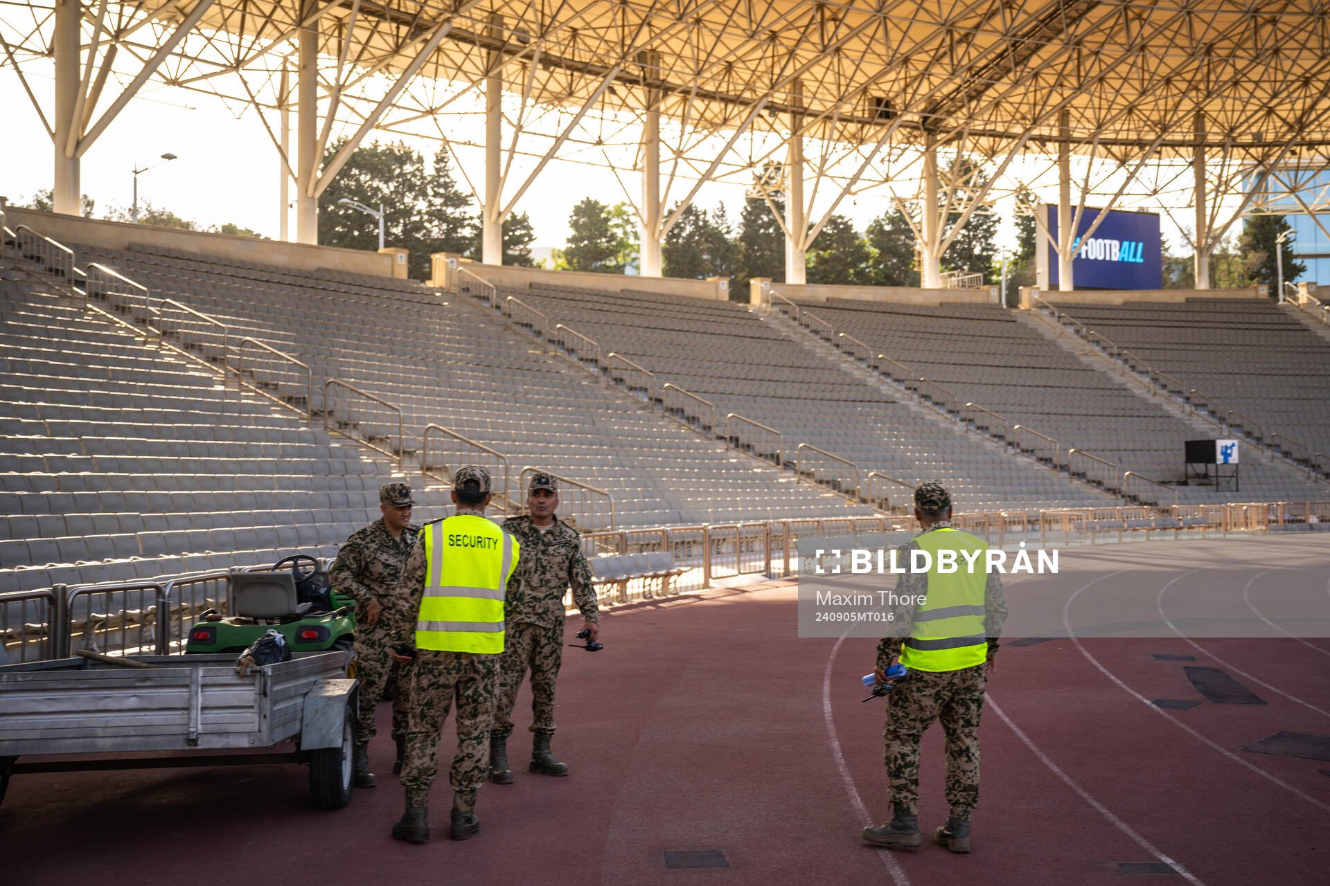 Members of the military inside of Tofiq Bahramov ahead of the Nations League football match between Azerbaijan and Sweden on September 5, 2024 in Baku. 
