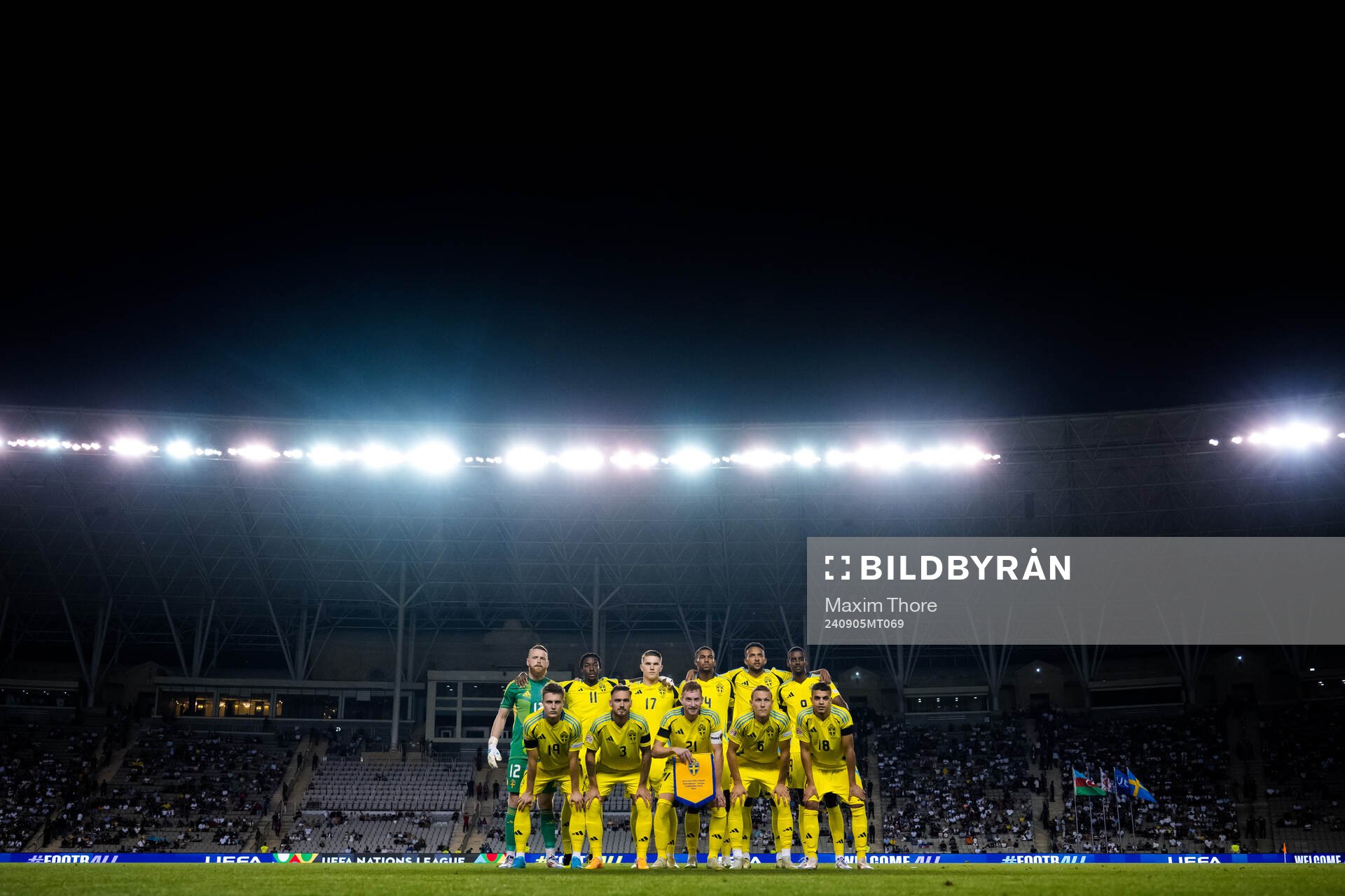 The starting eleven of Sweden ahead of the Nations League football match between Azerbaijan and Sweden on September 5, 2024 in Baku. Top Left: Goalkeeper Viktor Johansson , Anthony Elanga , Viktor Gyökeres , Isak Hien , Alex Douglas and Alexander Isak. Bottom left: Mattias Svanberg , Linus Wahlqvist Egnell , Dejan Kulusevski , Ludwig Augustinsson and Yasin Ayari.