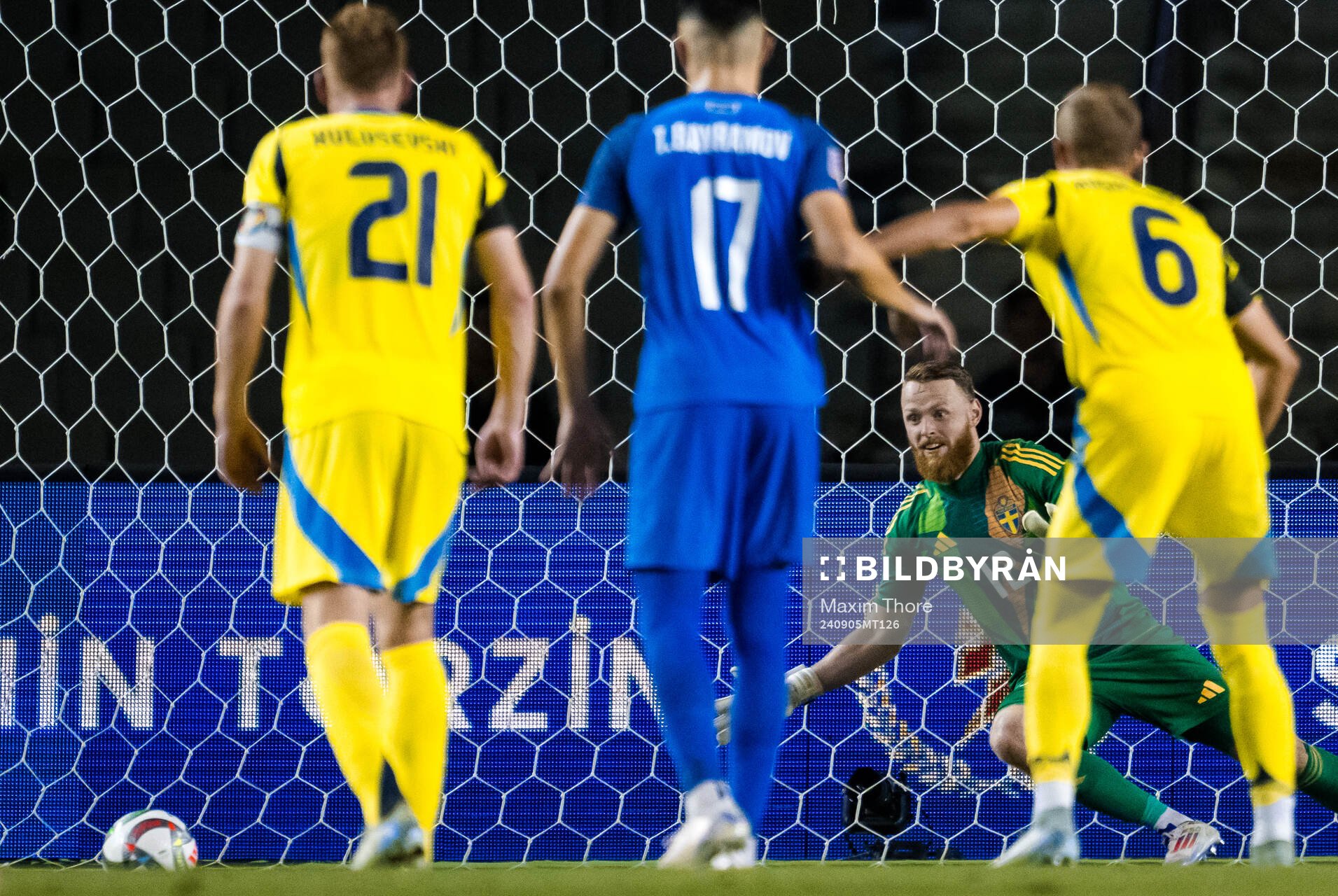 Goalkeeper Viktor Johansson of Sweden saves a penalty shot