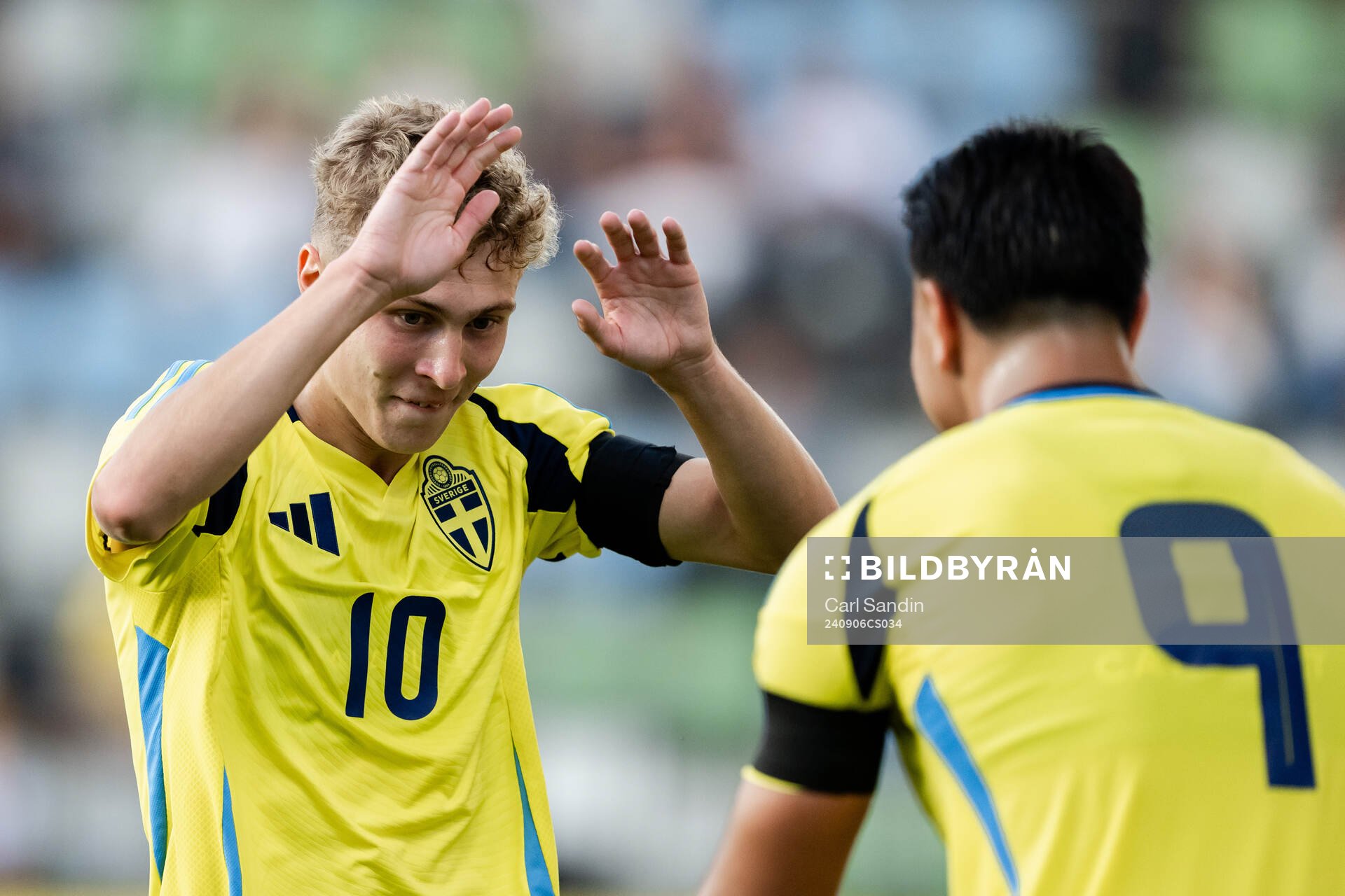 Hugo Bolin and Jusef Erabi of Sweden celebrate the 5-0 goal