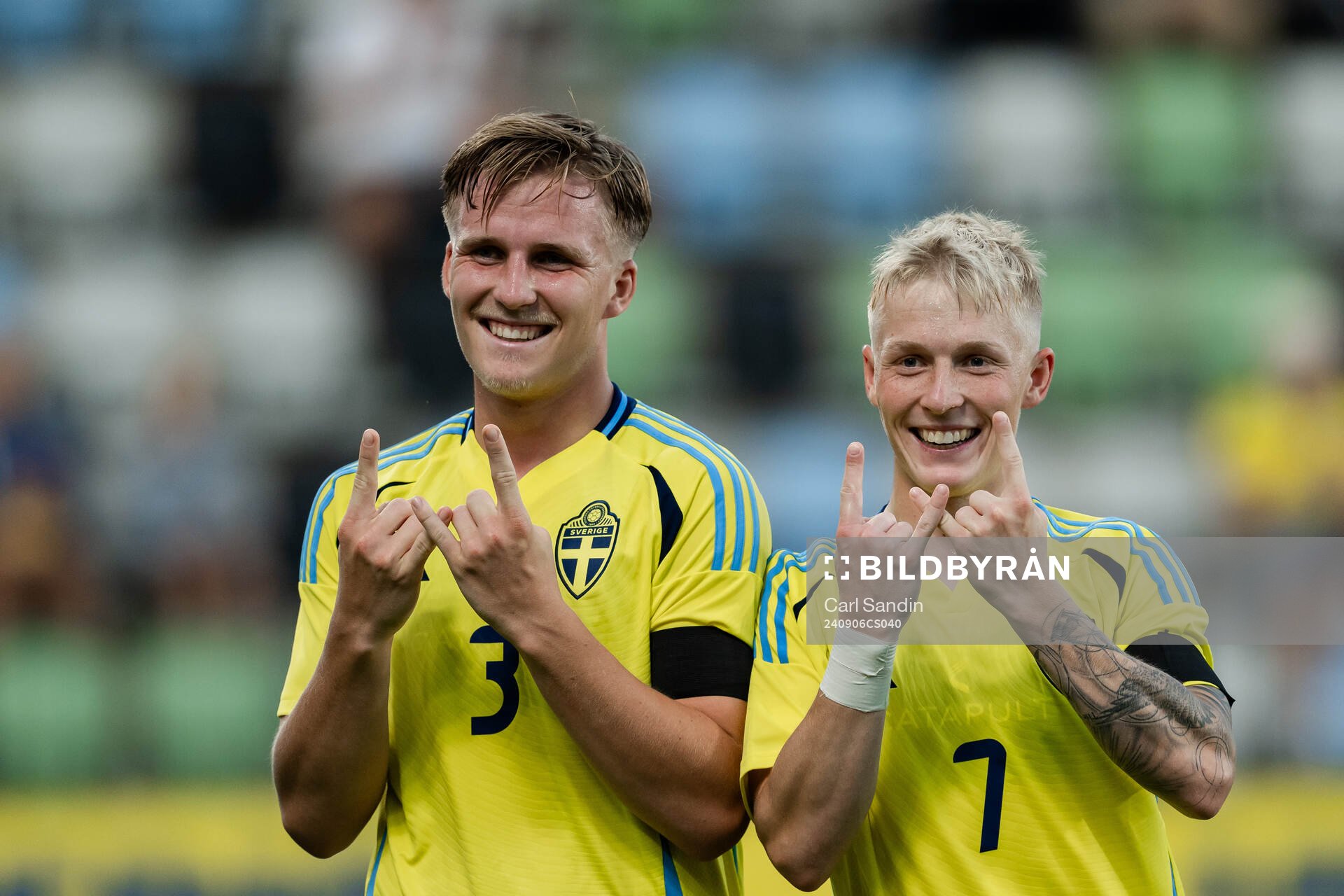 Casper Widell and Melker Widell of Sweden celebrate the 6-0 goal during the UEFA European Under-21 Qualifier football match between Sweden and Gibraltar on September 6, 2024 in Jönköping.