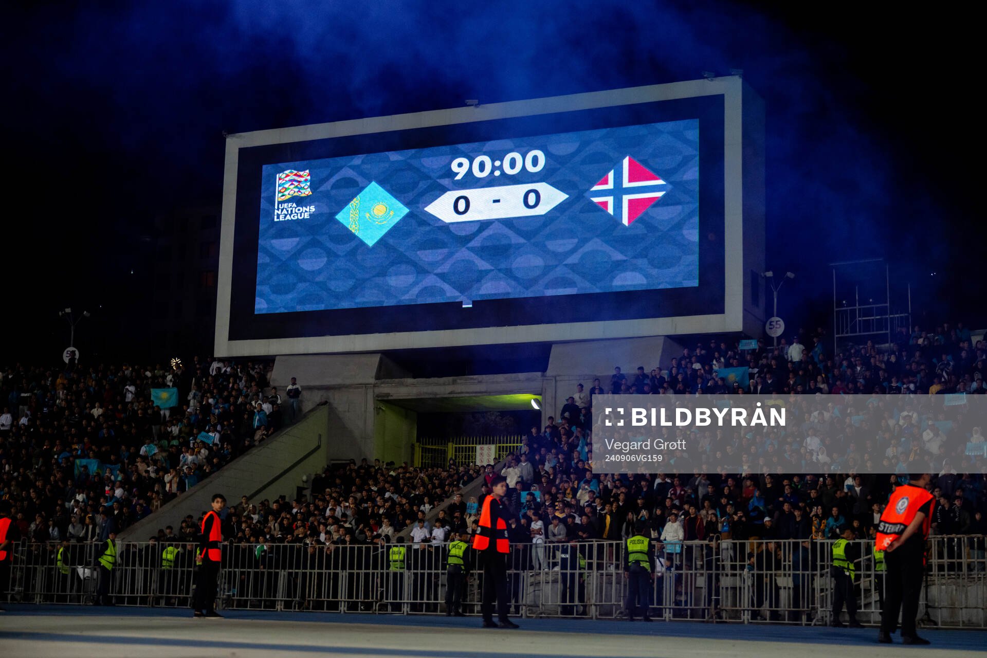 The final score is shown on a screen during the Nations League football match between Kazakhstan and Norway on September 6, 2024 in Almaty.