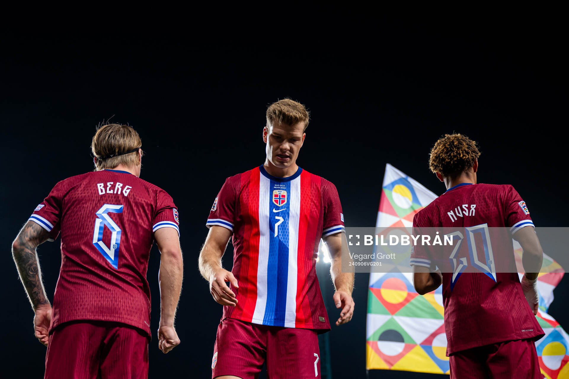 Patrick Berg, Alexander Sørloth and Antonio Nusa of Norway