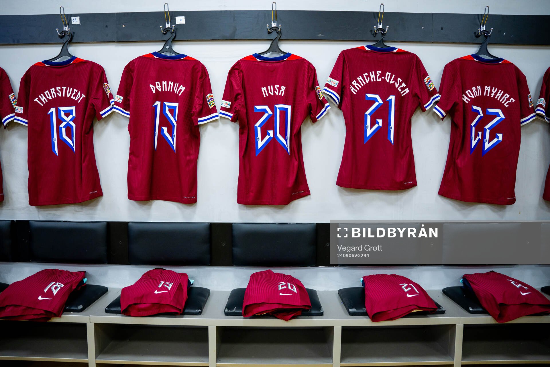 The kits of Kristian Thorstvedt, Aron Dønnum, Antonio Nusa, Andreas Hanche-Olsen and Felix Horn Myhre of Norway in the dressing room ahead of the Nations League football match between Kazakhstan and Norway on September 6, 2024 in Almaty.