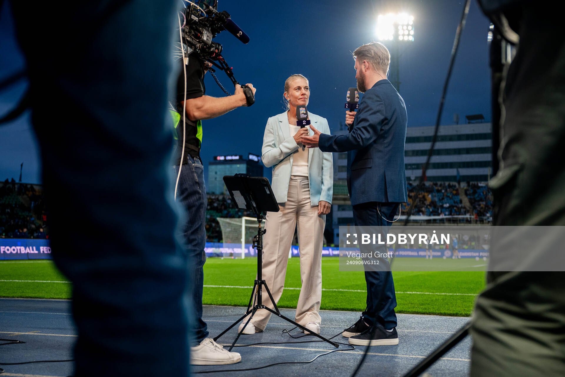 Solveig Gulbrandsen and Marius Skjelbæk, of broadcaster TV 2, ahead of the Nations League football match between Kazakhstan and Norway on September 6, 2024 in Almaty.