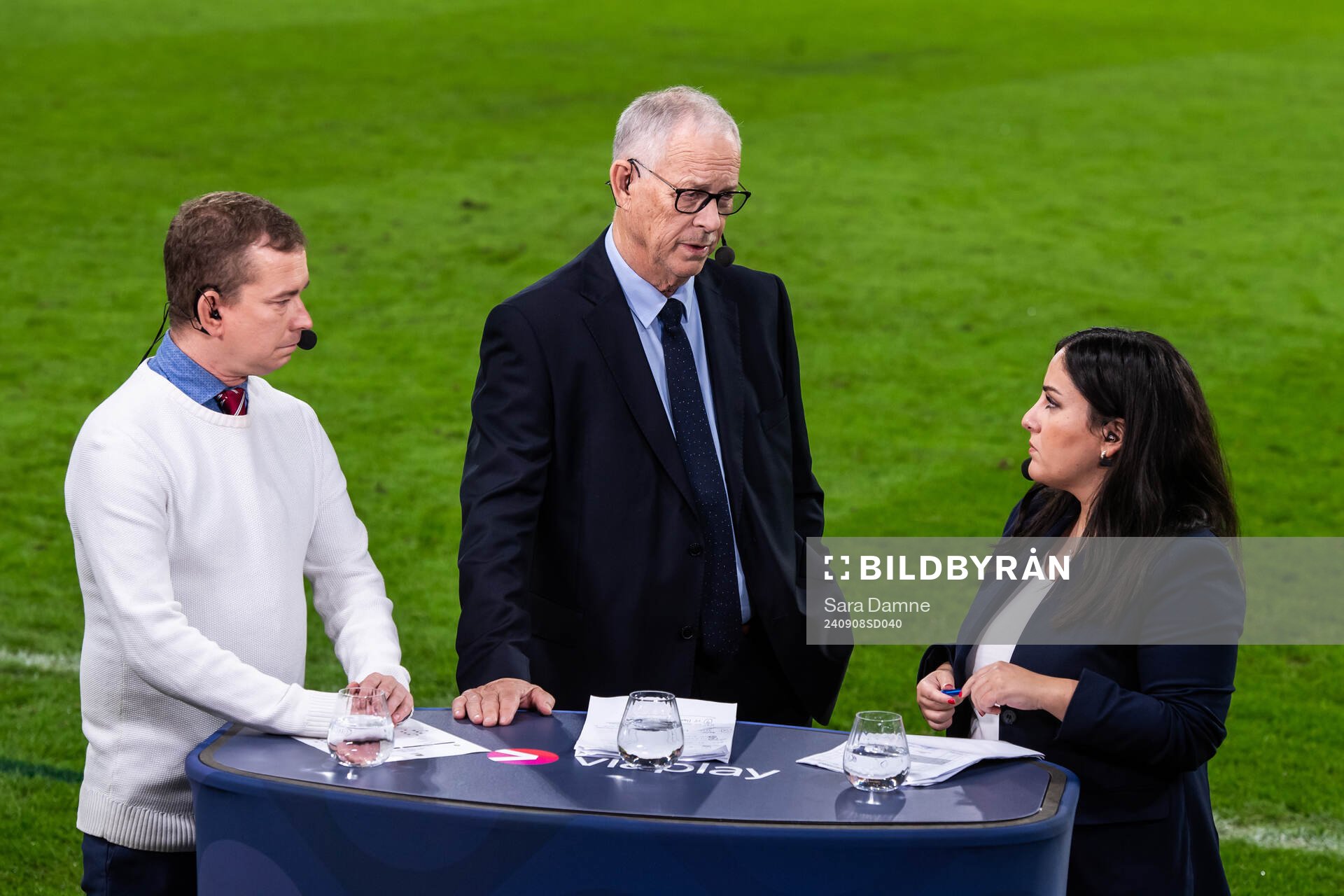 Erik Niva, Lars Lagerbäck and Jennifer Kücükaslan of Swedish broadcaster Viaplay after the Nations League football match between Sweden and Estonia on September 8, 2024 in Stockholm.