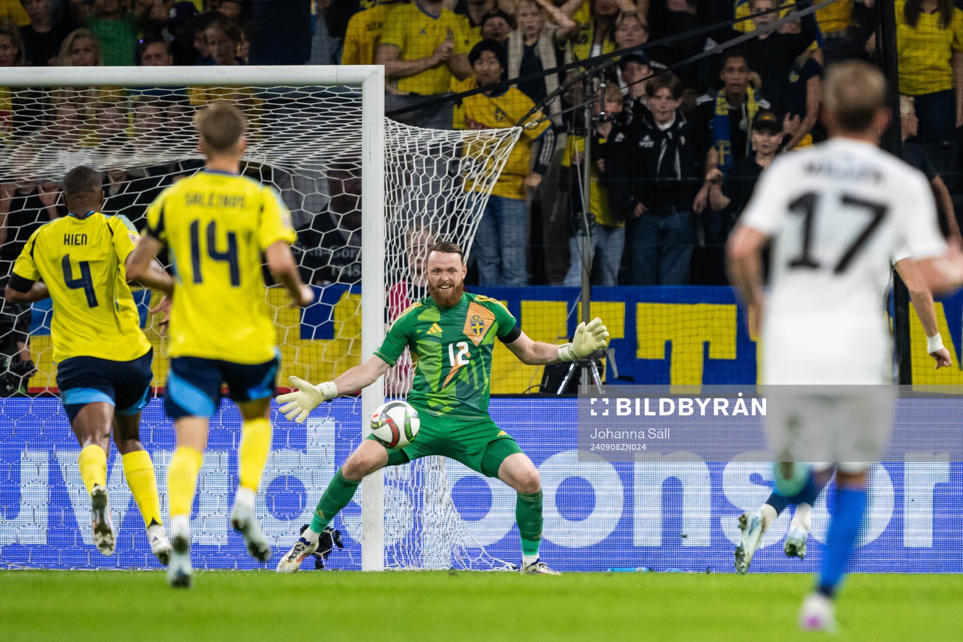 Goalkeeper Viktor Johansson of Sweden with a save