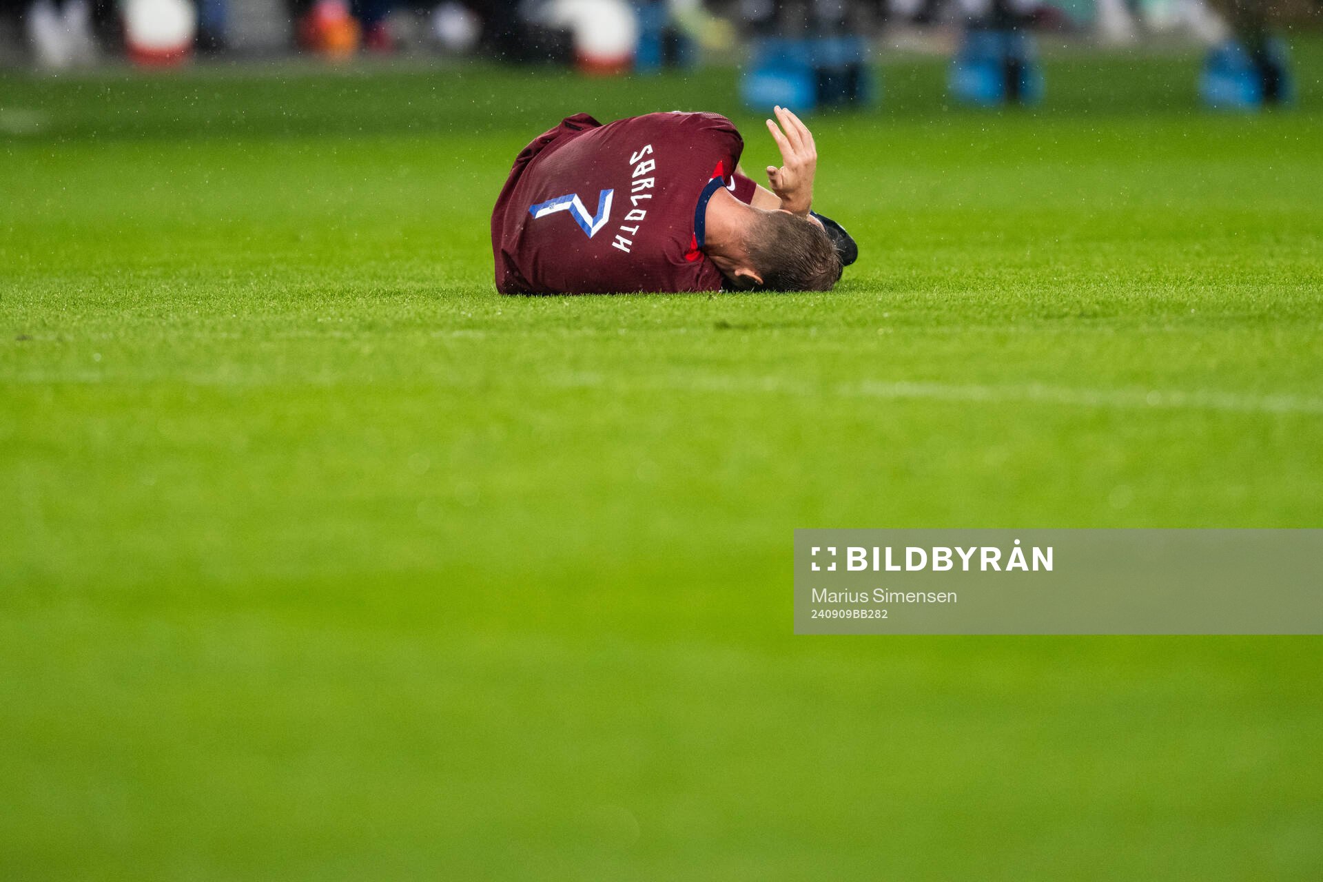 Alexander Sørloth of Norway in pain