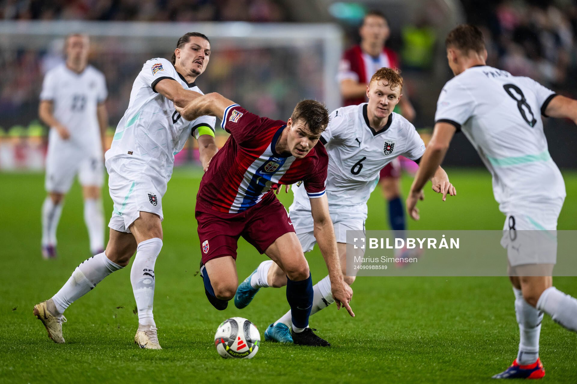 Marcel Sabitzer of Austria and Alexander Sørloth of Norway