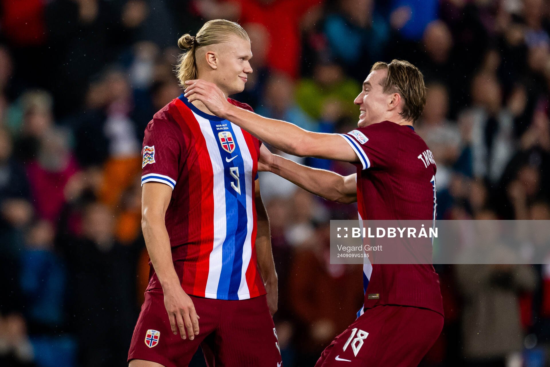 Erling Braut Haaland of Norway celebrates with teammate