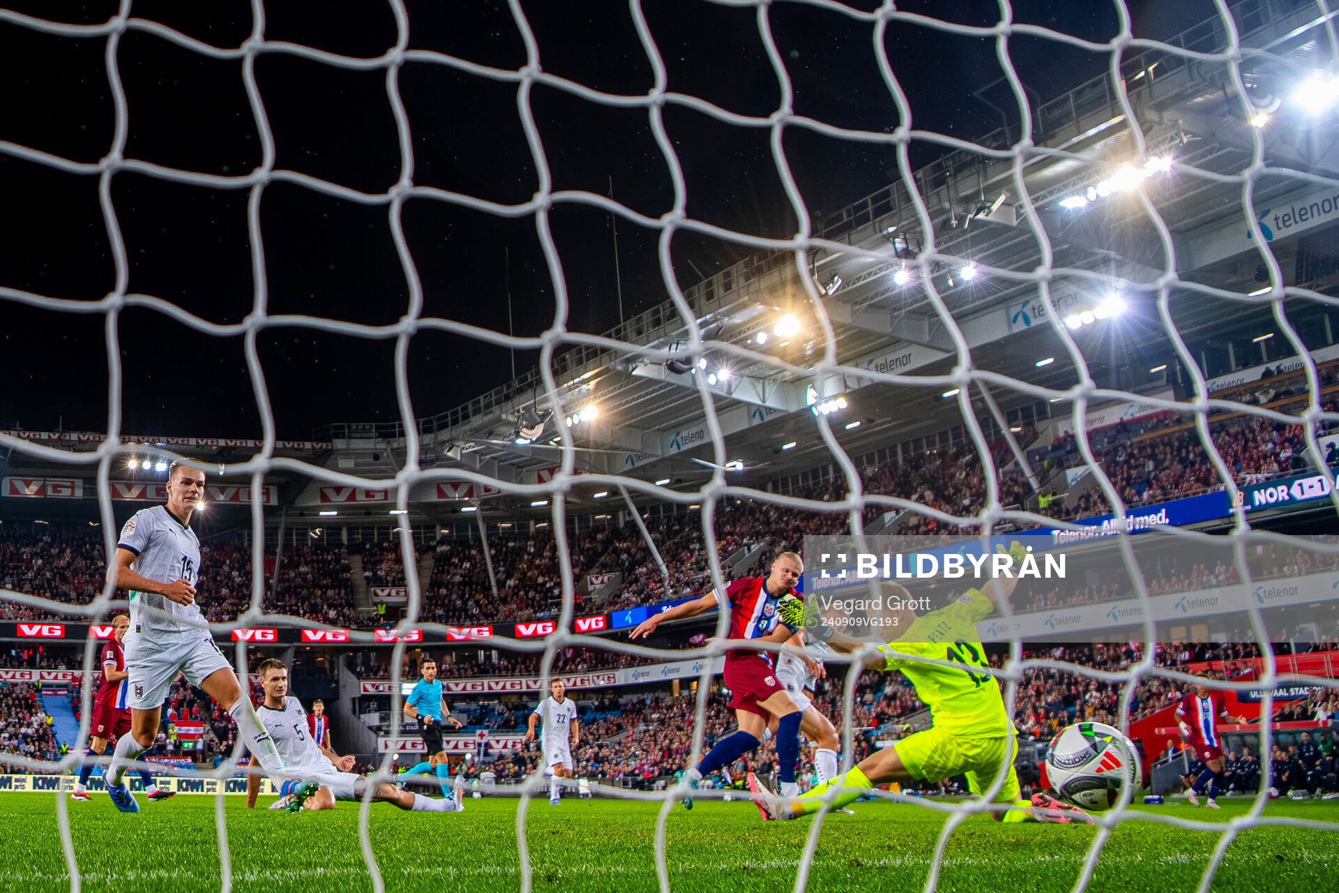 Erling Braut Haaland of Norway scores the 2-1 goal behind