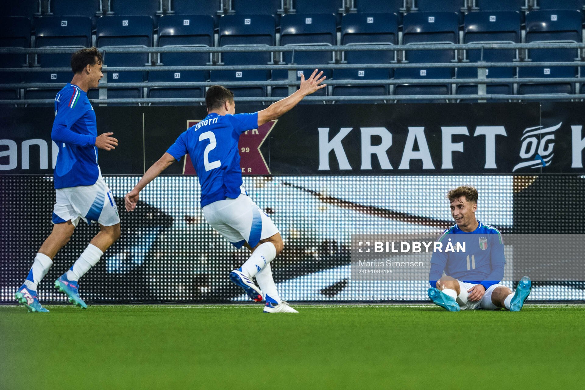 Mattia Zanotti and Wilfried Gnonto of Italy celebrate the