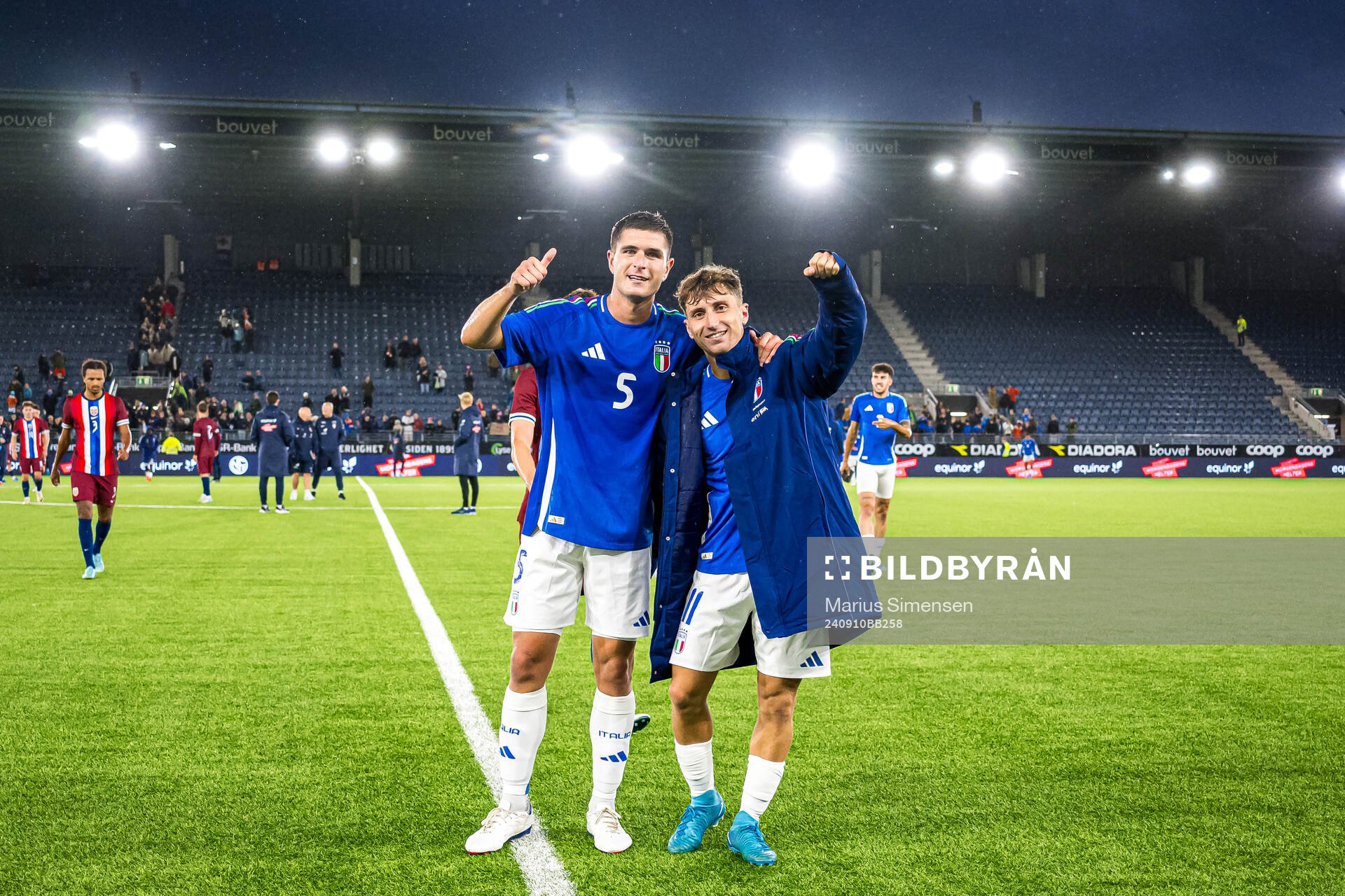 Lorenzo Pirola and Tommaso Baldanzi of Italy celebrates after the UEFA European Under-21 Qualifier football match between Norway and Italy on September 10, 2024 in Stavanger.