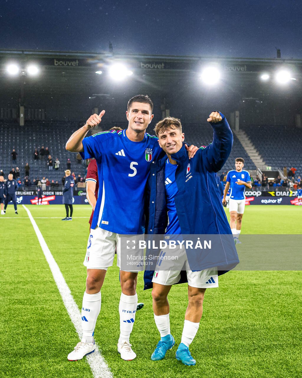 Lorenzo Pirola and Tommaso Baldanzi of Italy celebrates after the UEFA European Under-21 Qualifier football match between Norway and Italy on September 10, 2024 in Stavanger.
