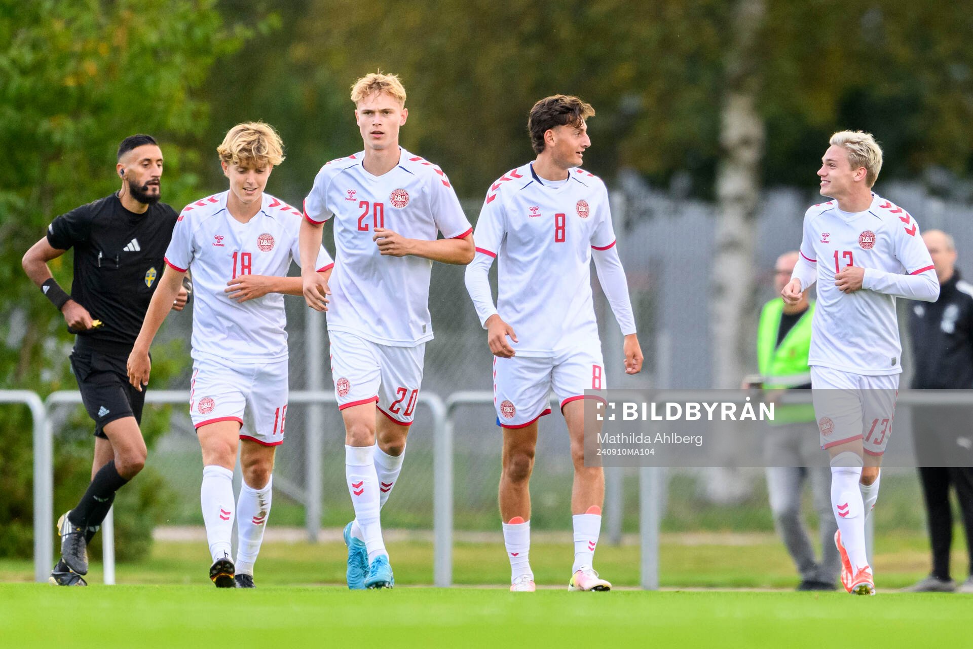Andreas Nibe, Kasper Davidsen, Silas Andersen and Jeppe Kjær celebrate 0-1 during the U20 football match between Sweden and Denmark on September 10, 2024 in Hässleholm.