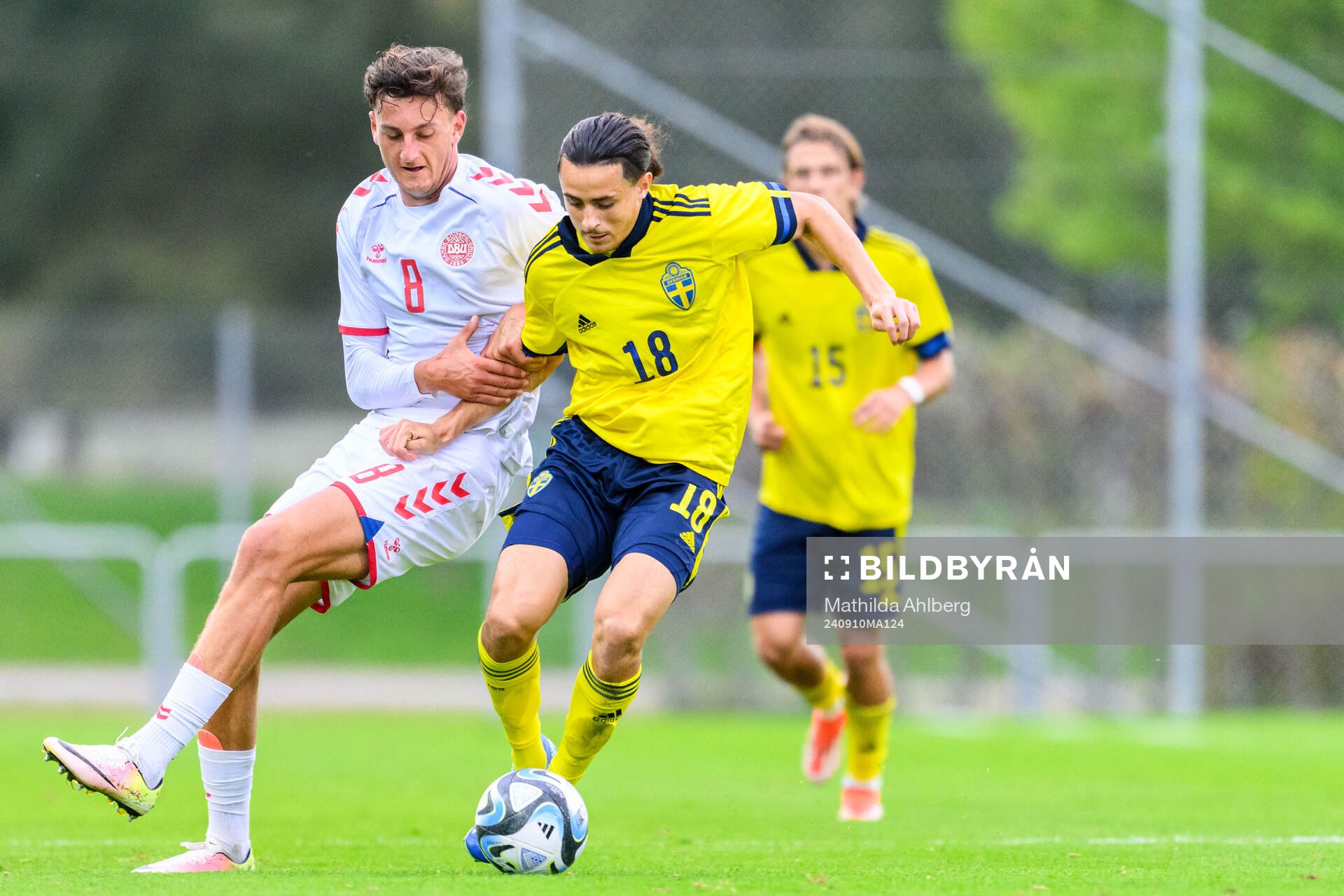 Silas Andersen of Denmark and Amin Boudri of Sweden during the U20 football match between Sweden and Denmark on September 10, 2024 in Hässleholm.