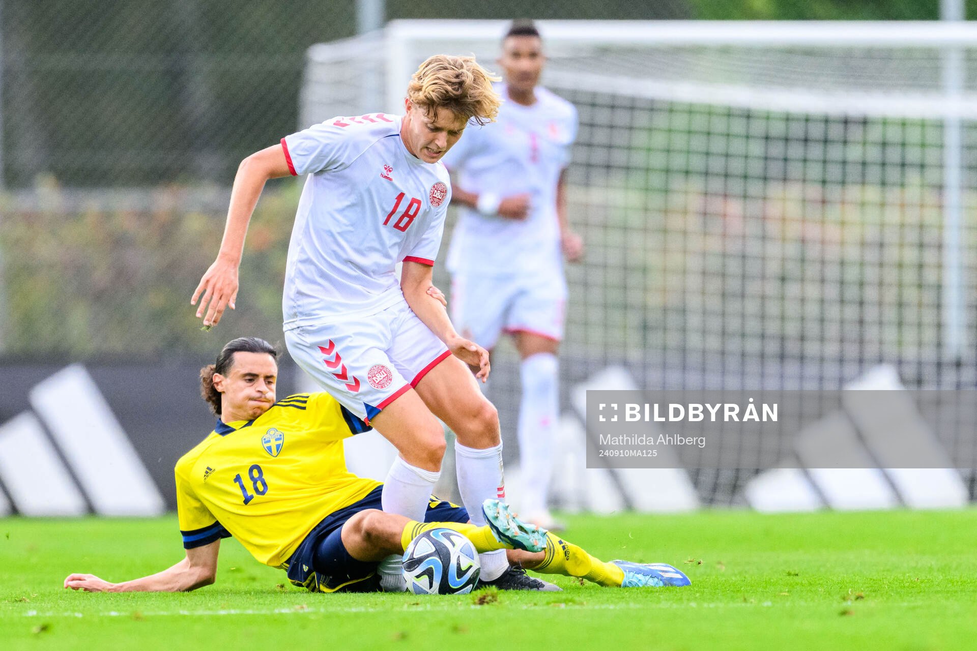 Amin Boudri of Sweden and Andreas Nibe of Denmark during the U20 football match between Sweden and Denmark on September 10, 2024 in Hässleholm.