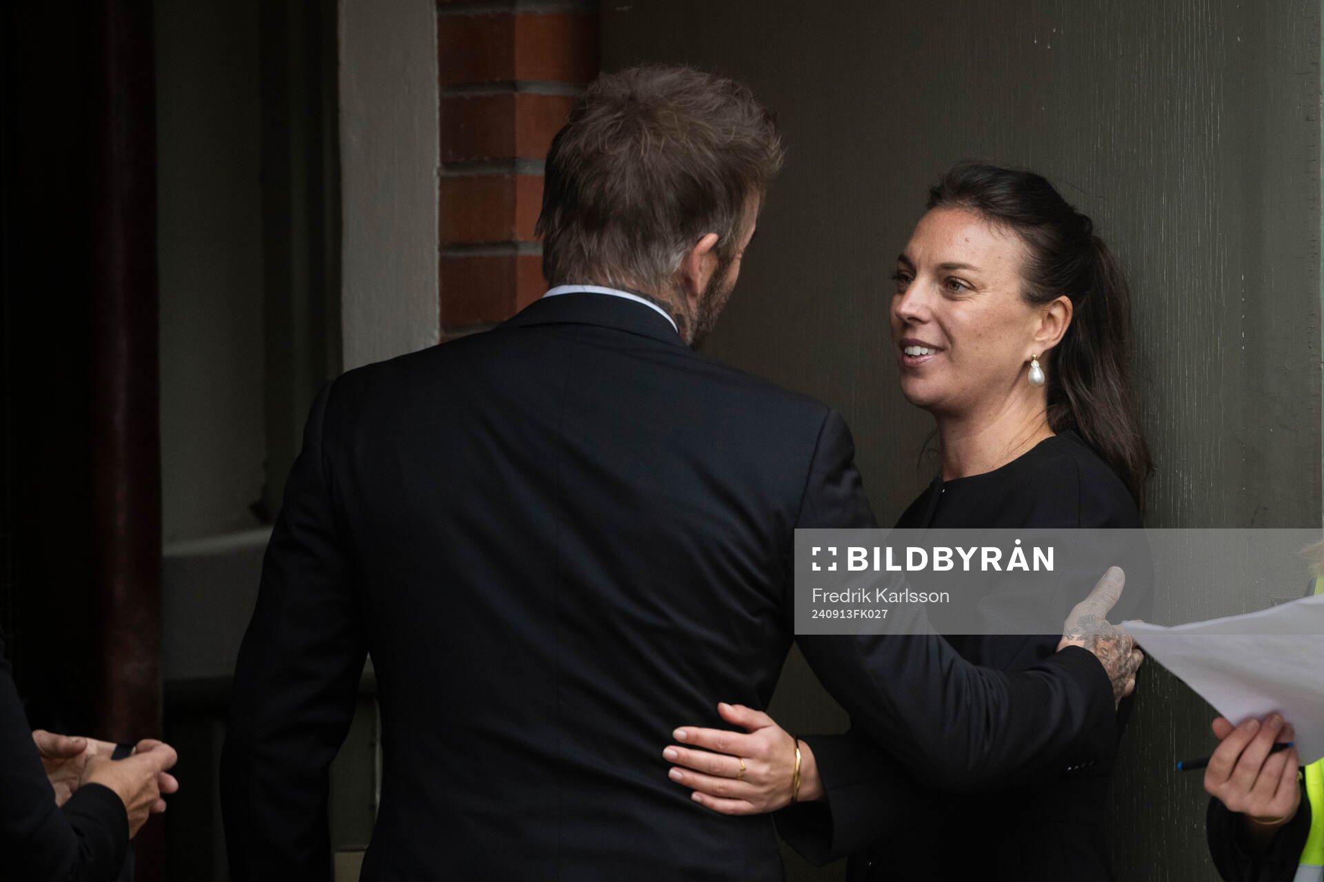 Former England player David Beckham with daughter of Sven-Göran Eriksson, Lina Eriksson ahead of the funeral of Sven-Göran Eriksson on September 13, 2024 in Torsby. 
