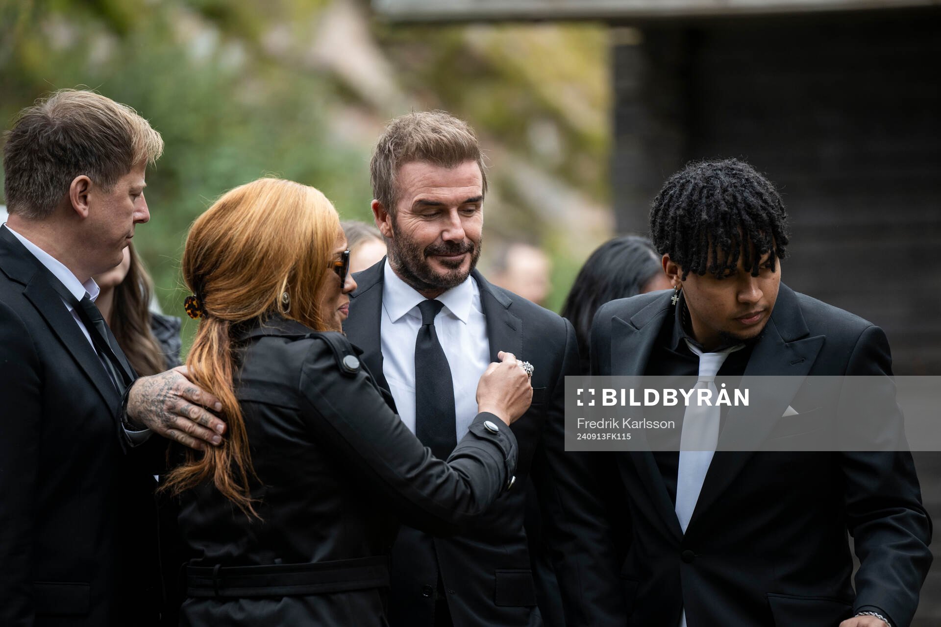 Partner Yaniseth Alcides and David Beckham during a ceremony at Kollsberg hembygdsgård after the funeral of Sven-Göran Eriksson on September 13, 2024 in Torsby.