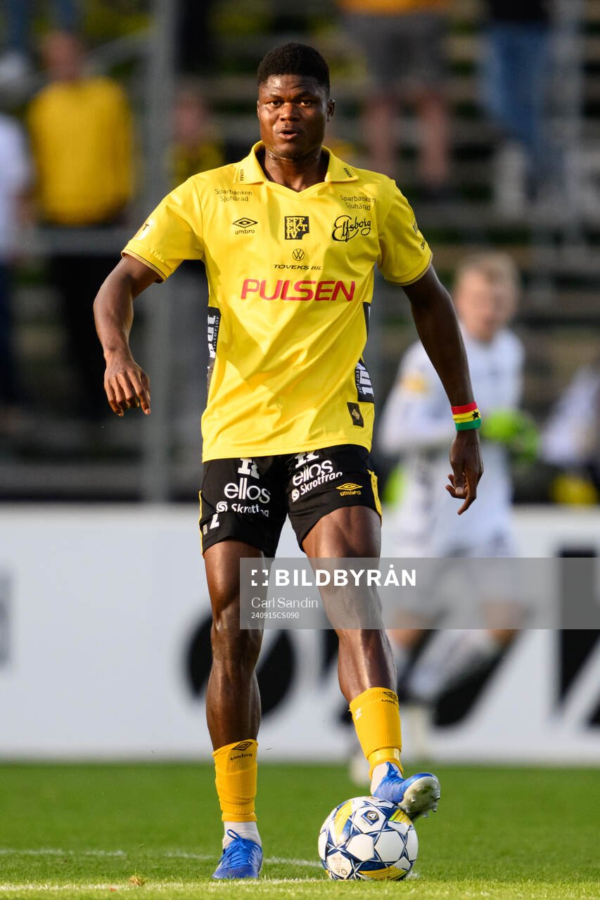 Elfsborgs Terry Yegbe under fotbollsmatchen i Allsvenskan mellan Halmstad och Elfsborg den 15 september 2024 i Halmstad. 