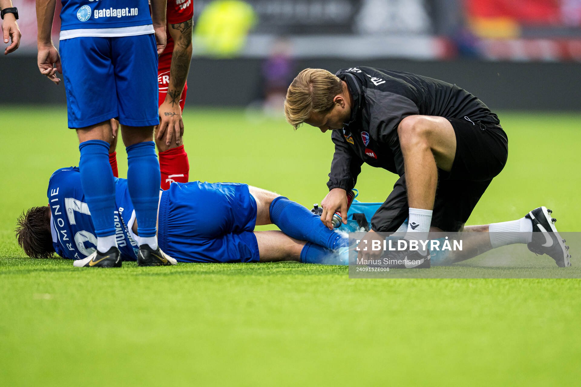 Jakob Maslø Dunsby of Sandefjord with an injury