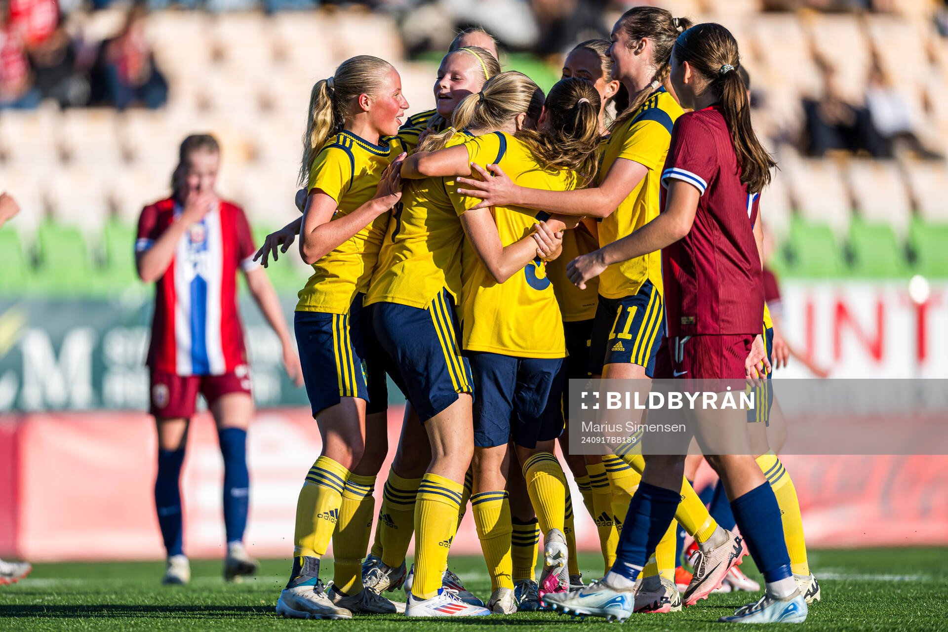 Thea Eriksson of Sweden celebrates after scoring the 0-1 goal on a penalty kick during the under 15 friendly match between Norway and Sweden on September 17, 2024 in Jessheim.