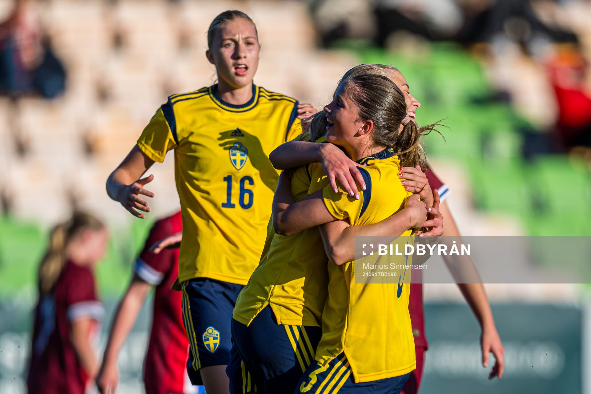 Thea Eriksson of Sweden celebrates after scoring the 0-1 goal on a penalty kick during the under 15 friendly match between Norway and Sweden on September 17, 2024 in Jessheim.