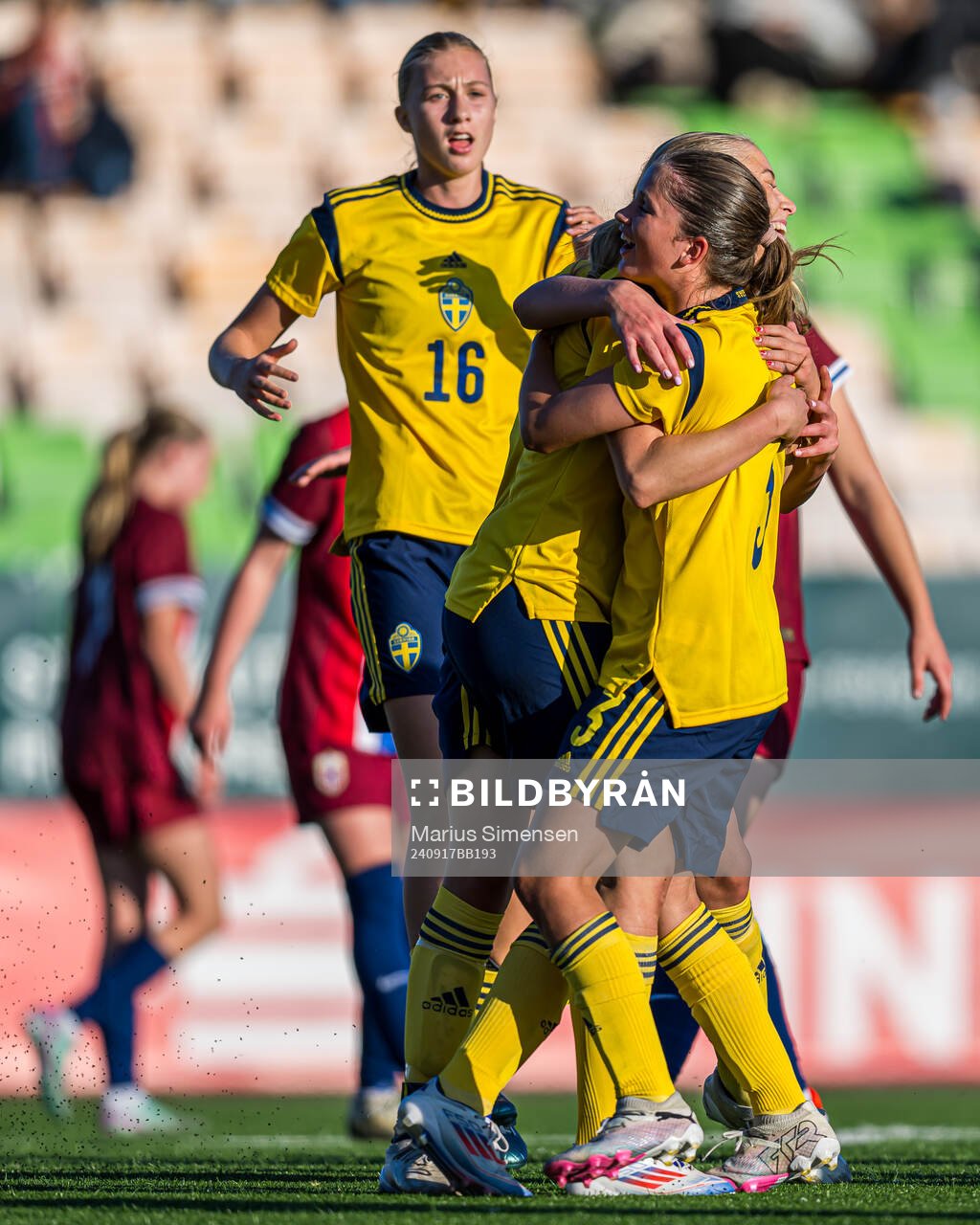 Thea Eriksson of Sweden celebrates after scoring the 0-1 goal on a penalty kick during the under 15 friendly match between Norway and Sweden on September 17, 2024 in Jessheim.