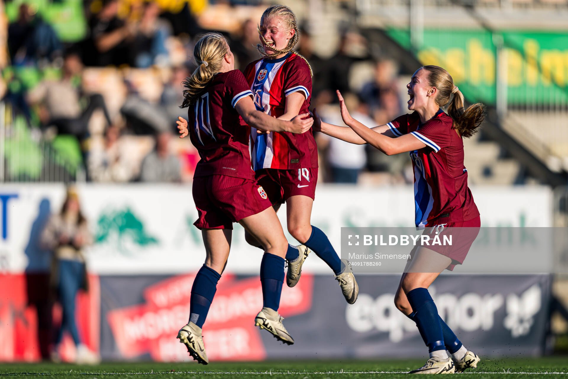 Sofia Eugenie Mendelin-Norebø of Norway celebrates after scoring the 2-1 goal during the under 15 friendly match between Norway and Sweden on September 17, 2024 in Jessheim.
