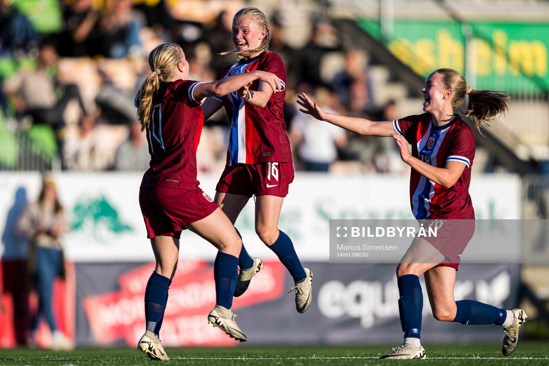 Sofia Eugenie Mendelin-Norebø of Norway celebrates after scoring the 2-1 goal during the under 15 friendly match between Norway and Sweden on September 17, 2024 in Jessheim.
