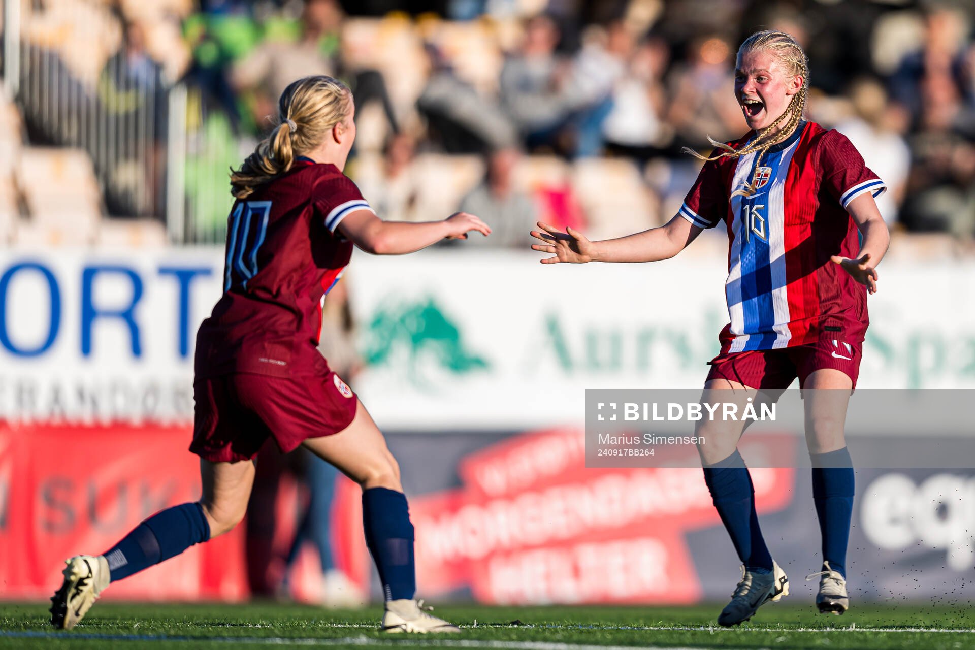 Sofia Eugenie Mendelin-Norebø of Norway celebrates after scoring the 2-1 goal during the under 15 friendly match between Norway and Sweden on September 17, 2024 in Jessheim.