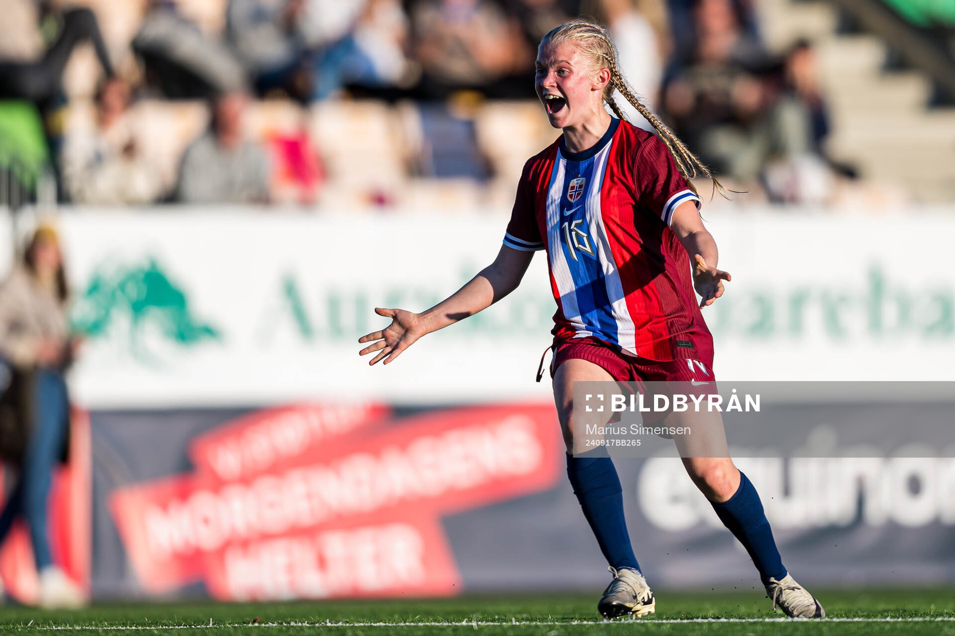 Sofia Eugenie Mendelin-Norebø of Norway celebrates after scoring the 2-1 goal during the under 15 friendly match between Norway and Sweden on September 17, 2024 in Jessheim.
