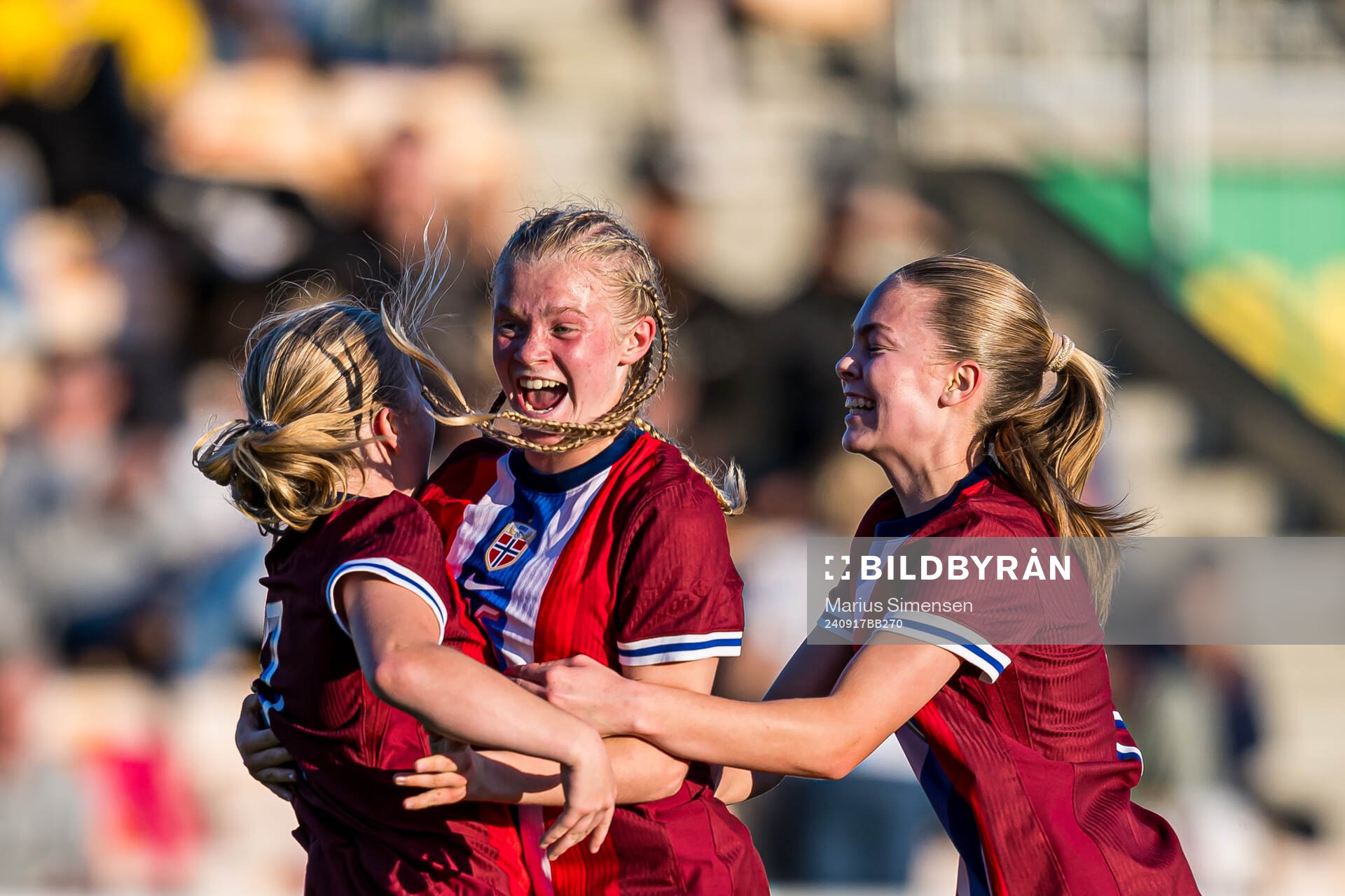Sofia Eugenie Mendelin-Norebø of Norway celebrates after scoring the 2-1 goal during the under 15 friendly match between Norway and Sweden on September 17, 2024 in Jessheim.
