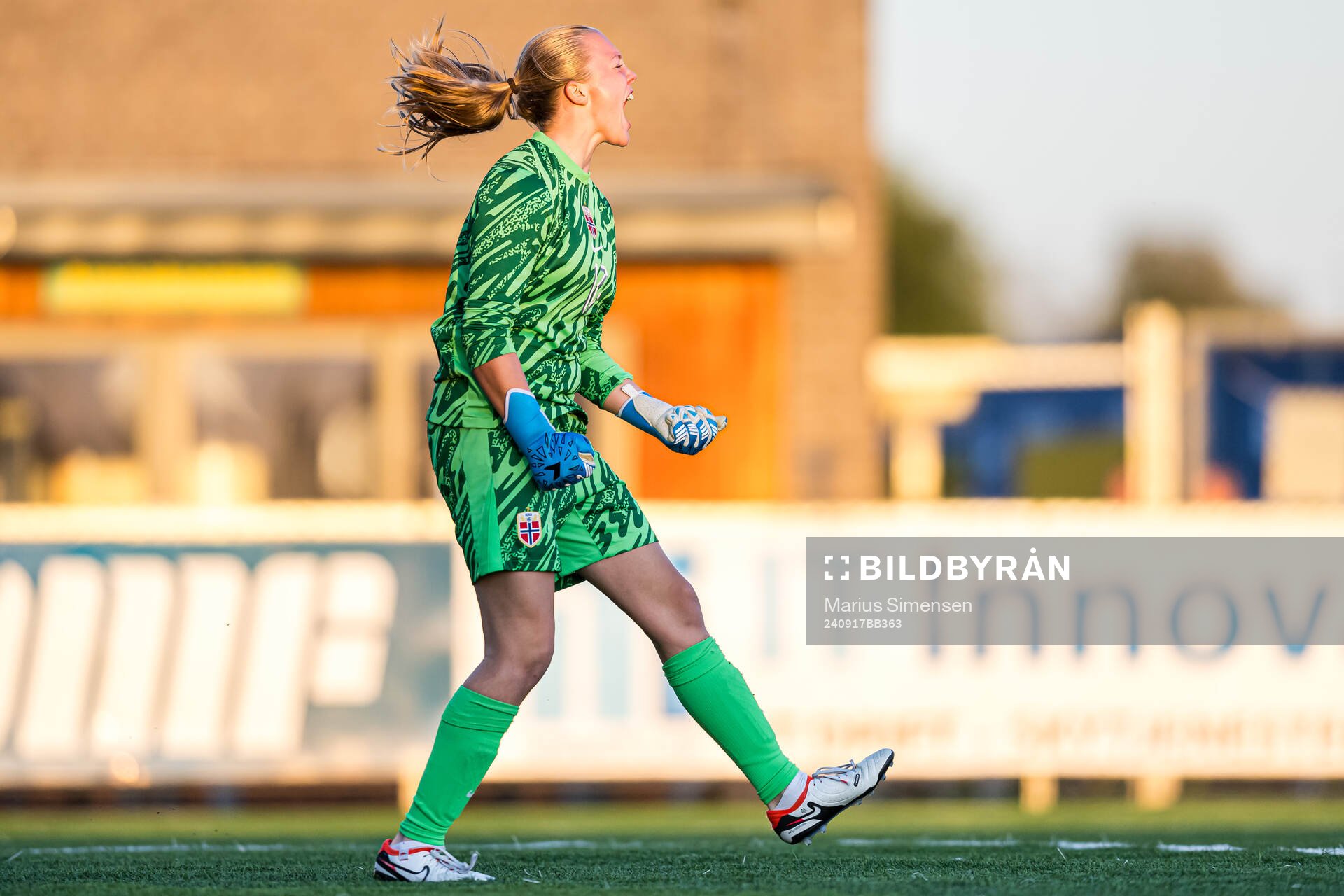 Helene Olsson of Norway after saving a penalty kick during a penalty shoot-out during the under 15 friendly match between Norway and Sweden on September 17, 2024 in Jessheim.