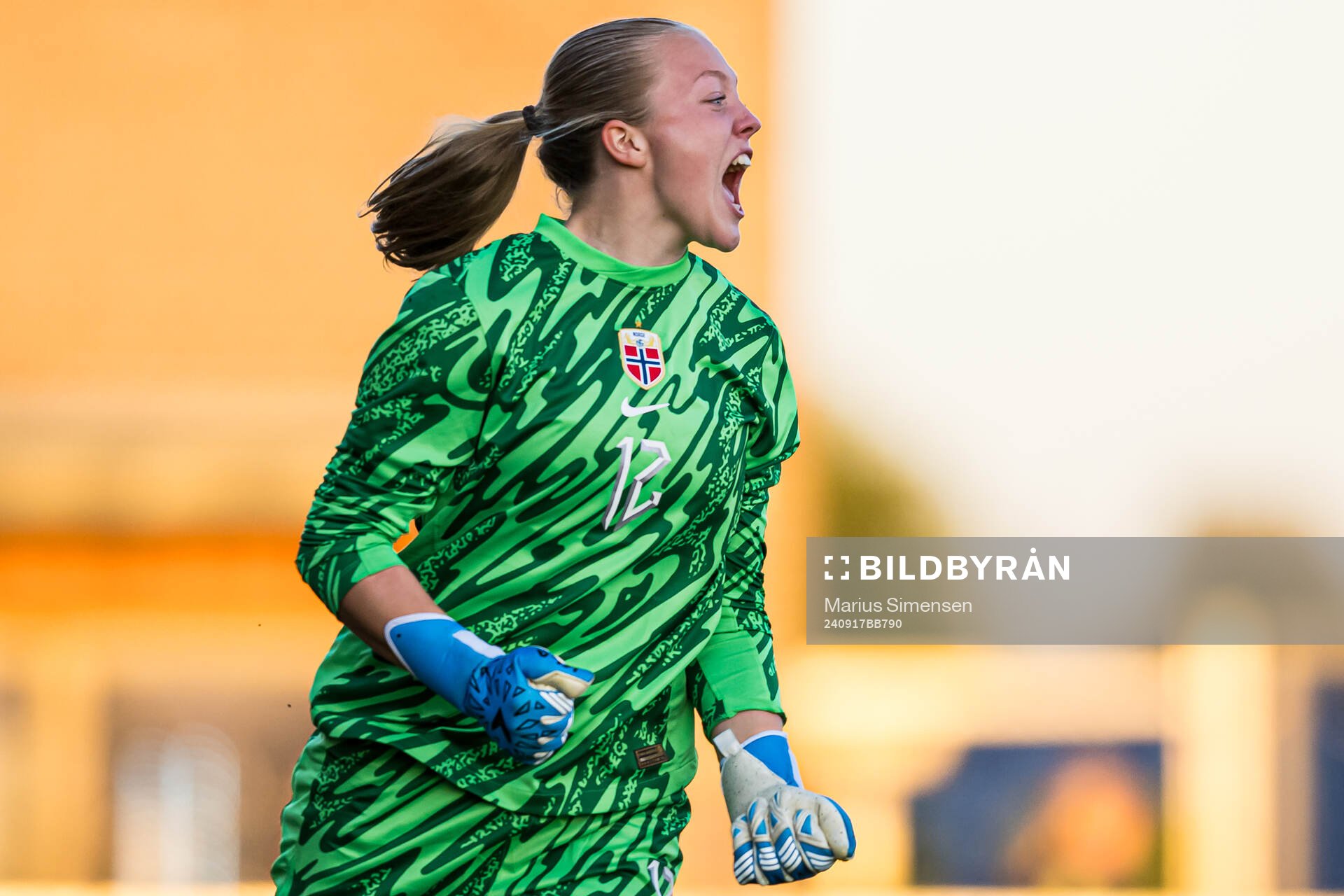 Helene Olsson of Norway after saving a penalty kick during a penalty shoot-out during the under 15 friendly match between Norway and Sweden on September 17, 2024 in Jessheim.