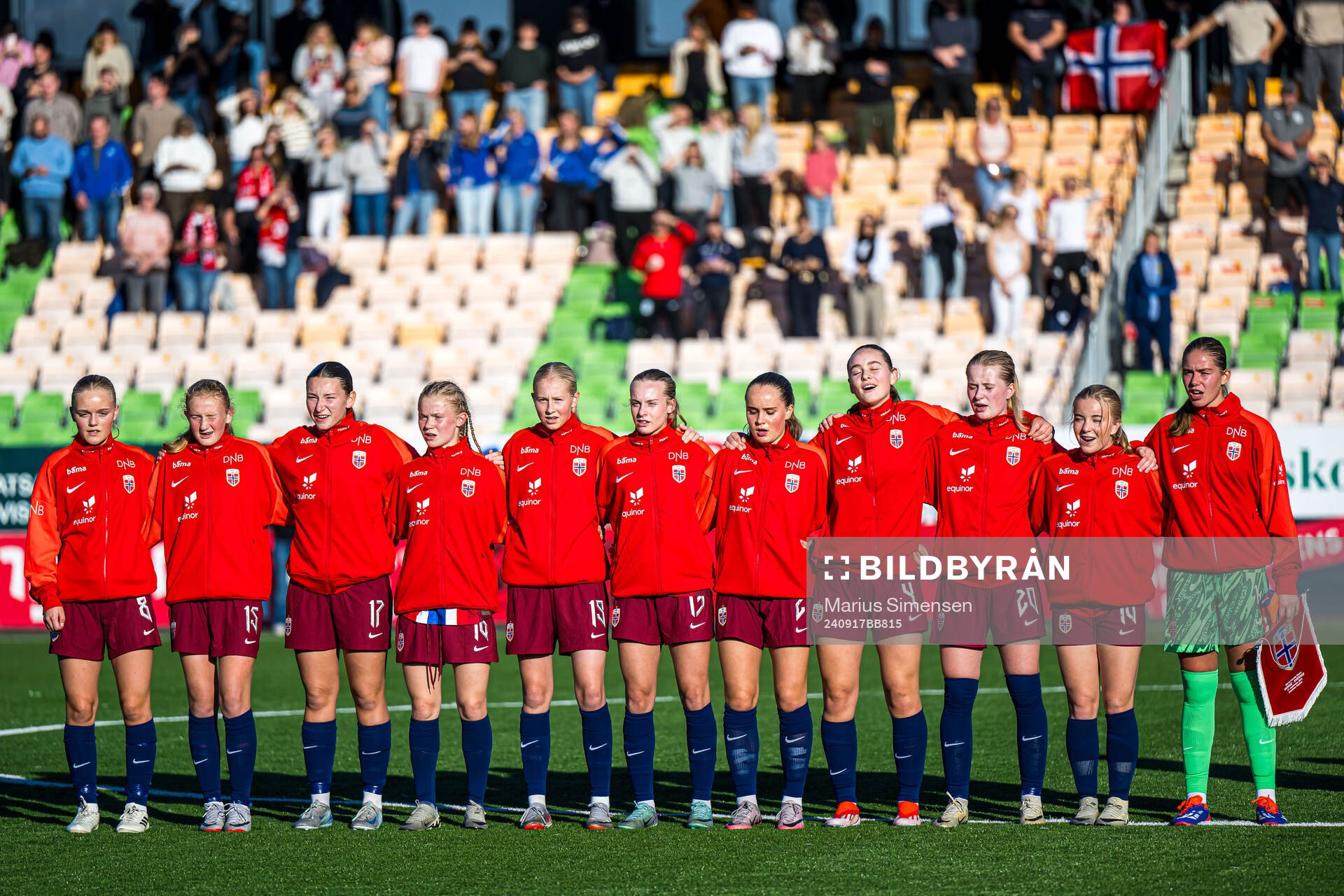 Nora Krogstad Lium, Marie Krogsæter Sæterøy, Elle Walvick Glesne, Sofia Eugenie Mendelin-Norebø, Stine Ariell Klæboe-Solemdal, Johanna Fedeler, Erle Ødegaard Jonsson, Isa Bekken Lund, Maria Holtet, Mie Ingeborg Hoem and Erla Braathen of Norway ahead of the under 15 friendly match between Norway and Sweden on September 17, 2024 in Jessheim.