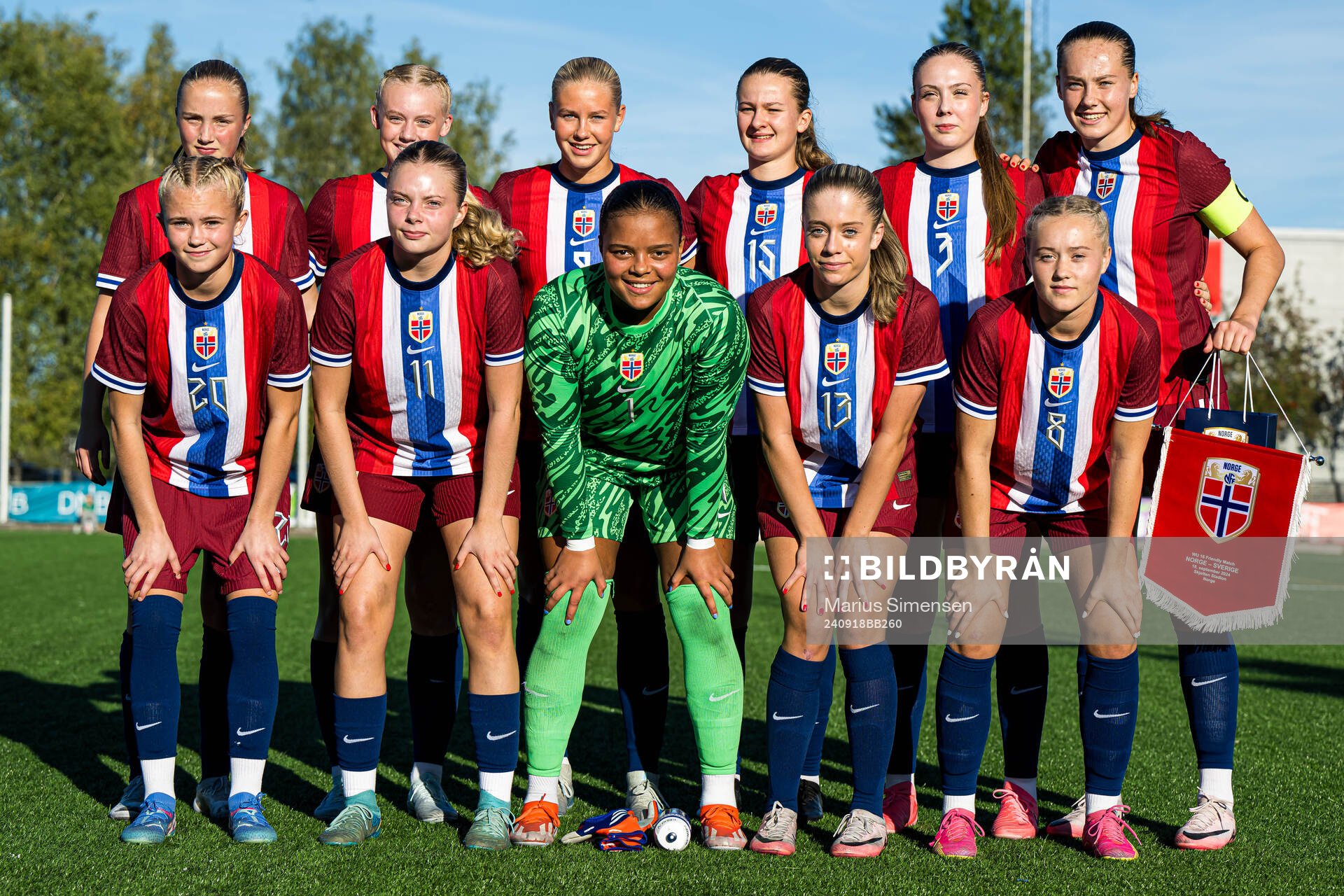 The starting eleven of Norway, from the top left; Karna Sæther Sødahl, Tomine Enger, Marie Moen Preus, Sigrid Antonsen Gamst, Nathalie Kolseth Skeide, Mille Helland Flø, Elida Holvik Kolbjørnsen, Christina Louise Herseth, Maria Elise Arabella Kroken, Sandra Pallesen-Nygård and Tomine Enger poses for a team group photo ahead of of the under 16 friendly match between Norway and Sweden on September 18, 2024 in Lillestrøm.
