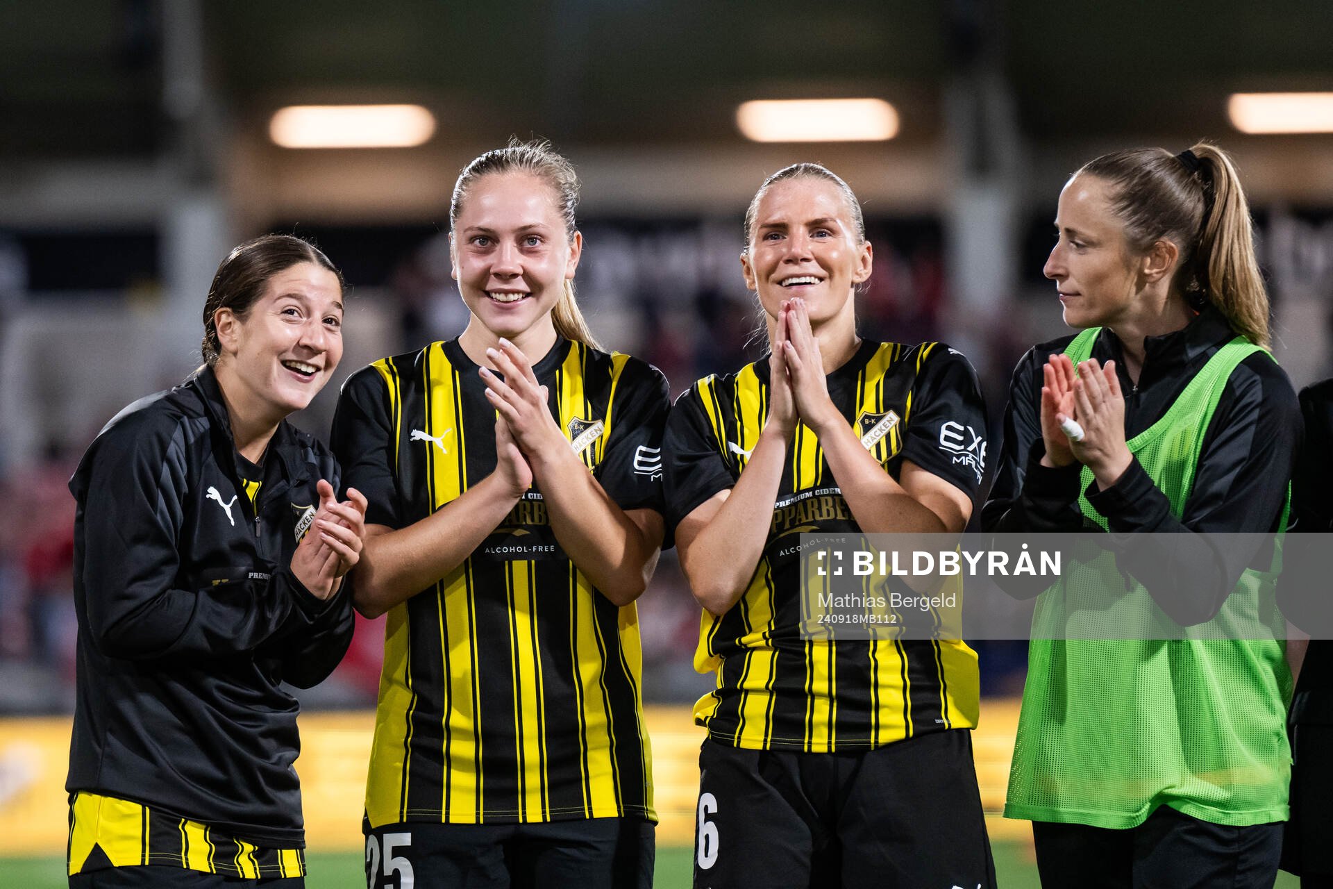Ruby Grant, Alice Bergström, Josefine Rybrink and goalkeeper Loes Geurts of Häcken celebrate after the UEFA Women's Champions League qualifying match between Häcken and Arsenal on September 18, 2024 in Gothenburg.