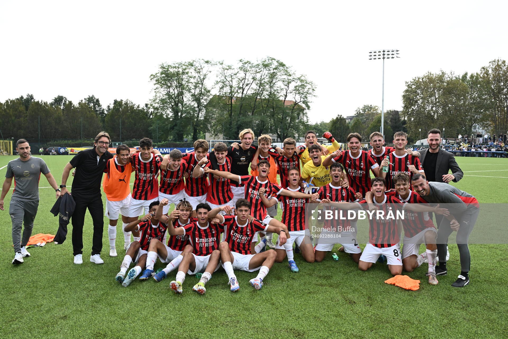 Maximilian Ibrahimovic of AC Milan celebrates with team mates after the Campionato Primavera 1 game between Inter Milan and AC Milan on September 22, 2024 in Milan, Italy.