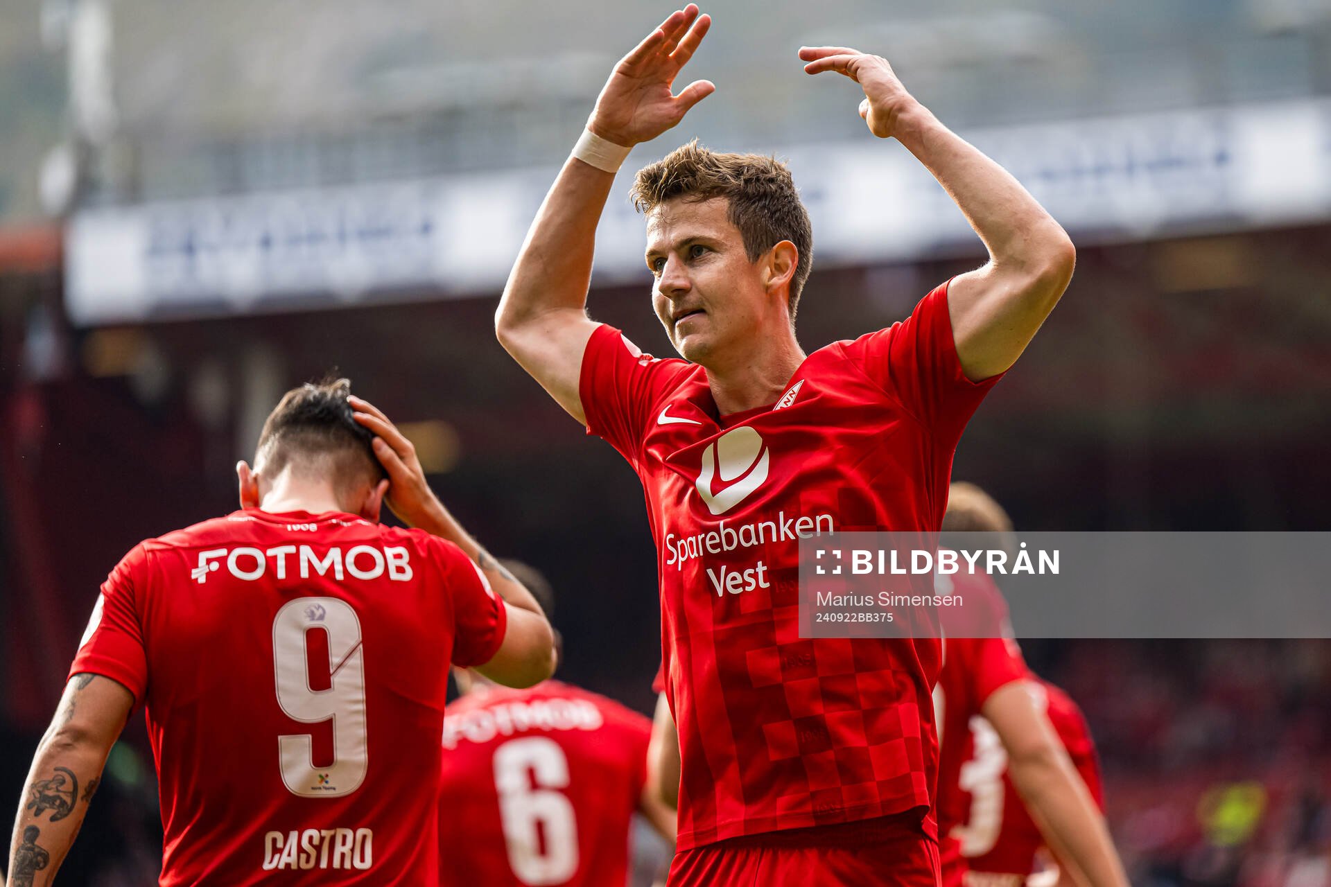 Sander Erik Kartum of Brann celebrates after scoring the 3-0 goal during the Eliteserien match between Brann and Bodø/Glimt on September 22, 2024 in Bergen.