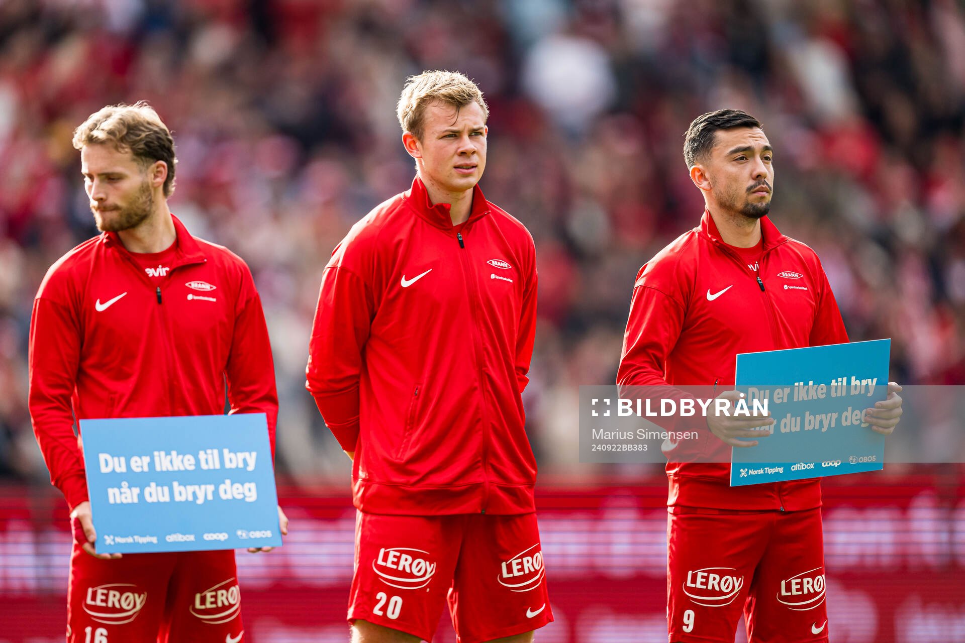 Ole Didrik Blomberg, Aune Heggebø and Niklas Fernando Castro of Brann ahead of the Eliteserien match between Brann and Bodø/Glimt on September 22, 2024 in Bergen.