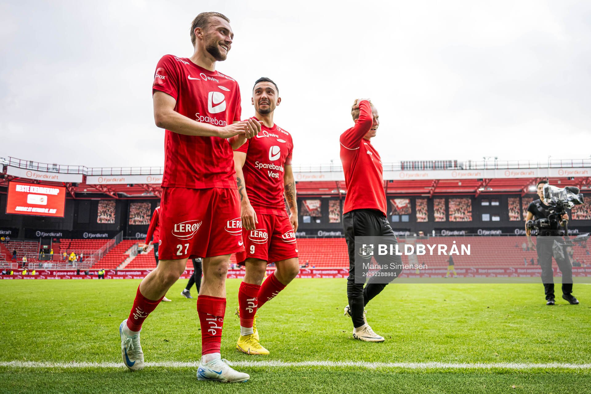 Mads Berg Sande and Niklas Fernando Castro of Brann after the Eliteserien match between Brann and Bodø/Glimt on September 22, 2024 in Bergen.