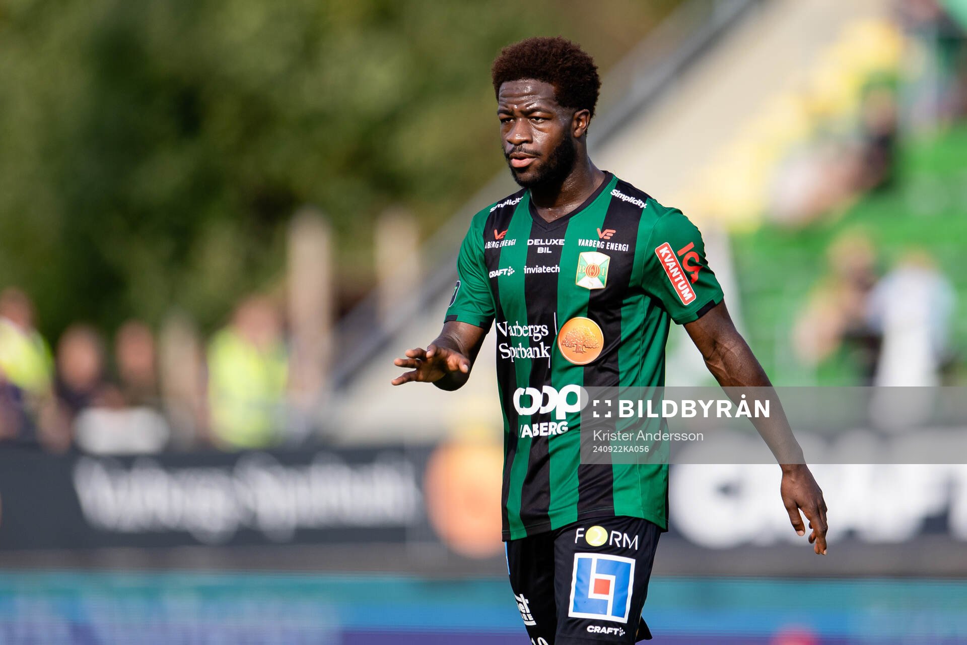 Varbergs Kevin Appiah Nyarko under fotbollsmatchen i Superettan mellan Varberg och Brage den 22 september 2024 i Varberg. 