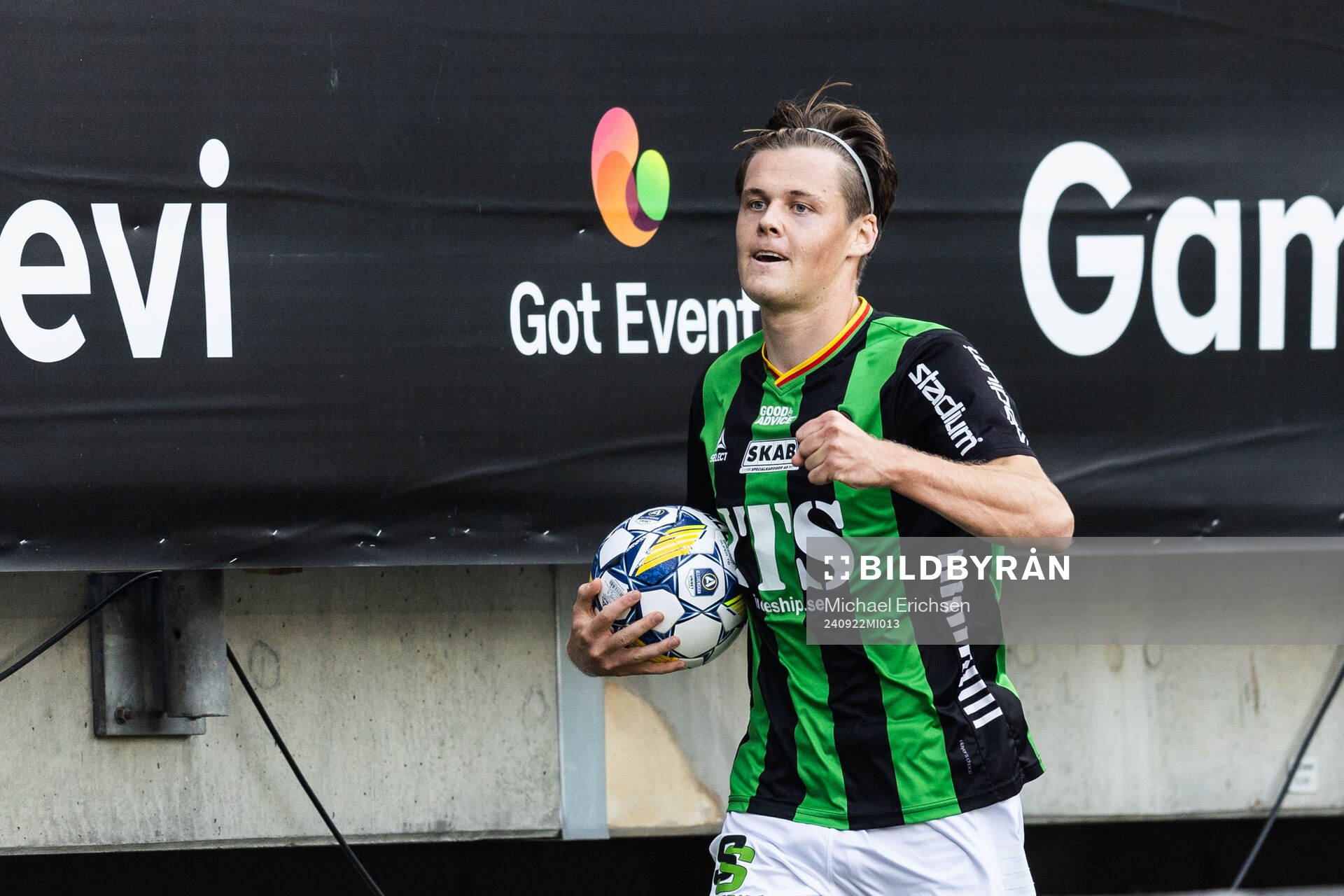GAIS Axel Henriksson jublar efter 1-0 under fotbollsmatchen i Allsvenskan mellan GAIS och Djurgården den 22 september 2024 i Göteborg. 