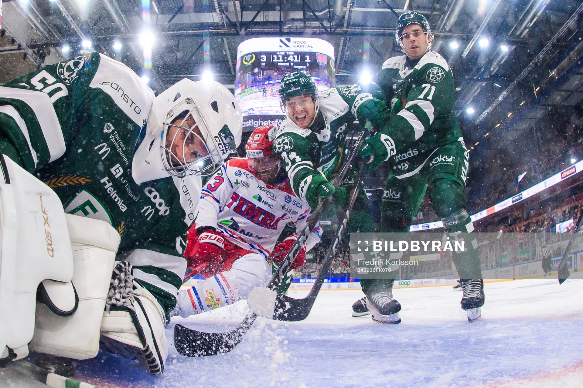 Färjestads målvakt Damian Clara, Michael Lindqvist och