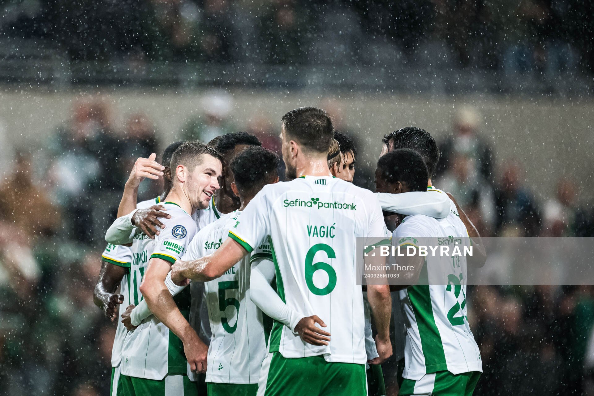 Hammarbys Oscar Johansson Schellhas jublar efter 1-0 under fotbollsmatchen i Allsvenskan mellan Hammarby och Häcken den 26 september 2024 i Stockholm.
