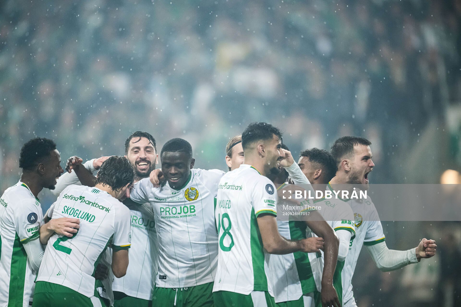 Hammarbys Oscar Johansson Schellhas jublar efter 2-0 under fotbollsmatchen i Allsvenskan mellan Hammarby och Häcken den 26 september 2024 i Stockholm.