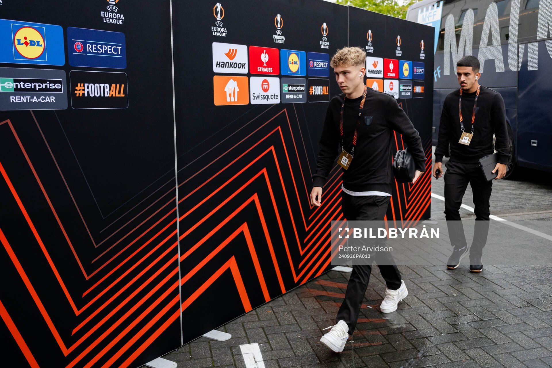 Hugo Bolin and Zakaria Loukili of Malmö FF ahead of the UEFA Europa League football match between Malmö FF and Rangers on September 26, 2024 in Malmö.