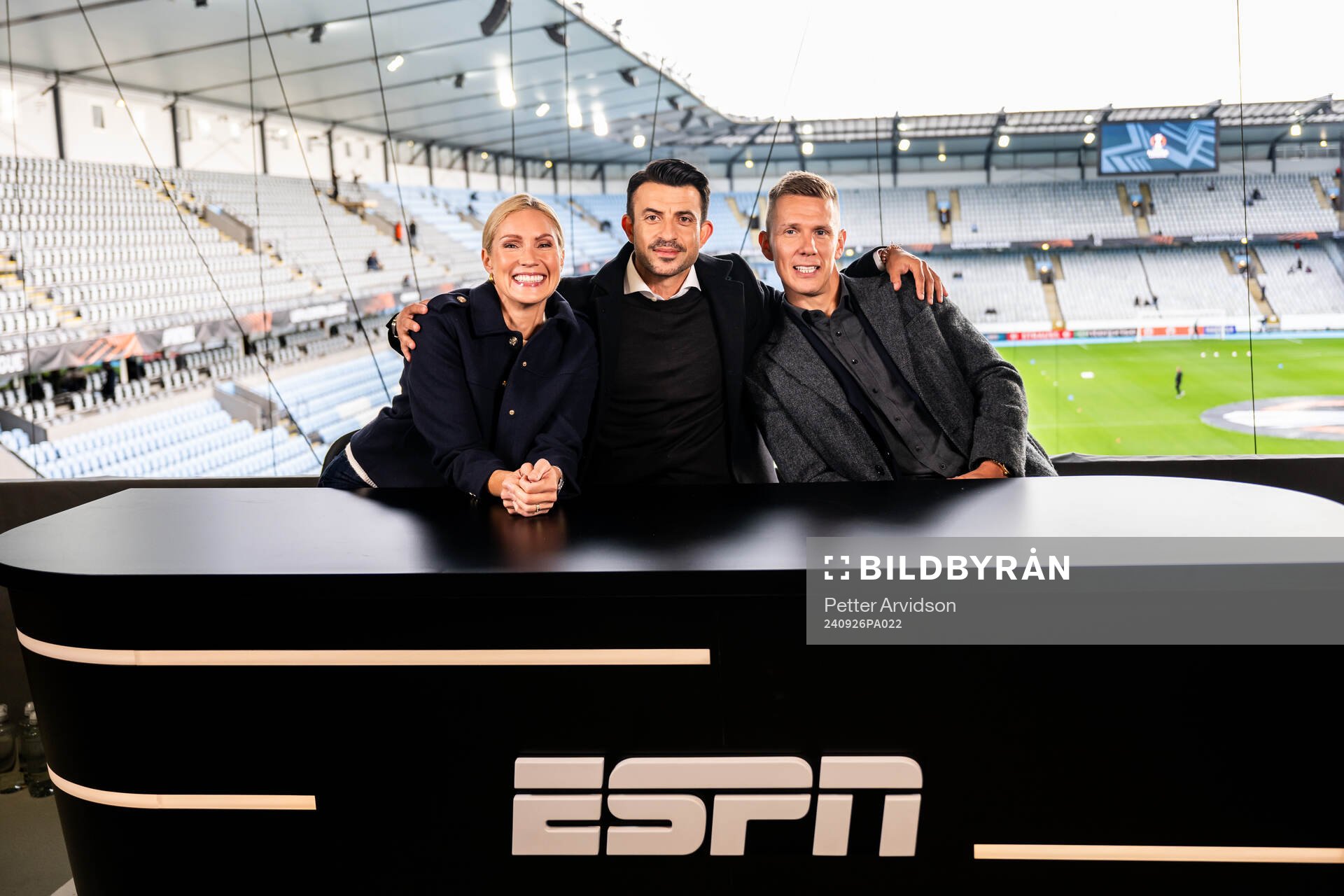 Jessica Almenäs, Behrang Safari and Pontus Wernbloom in the broadcaster ESPN studio ahead of the UEFA Europa League football match between Malmö FF and Rangers on September 26, 2024 in Malmö.